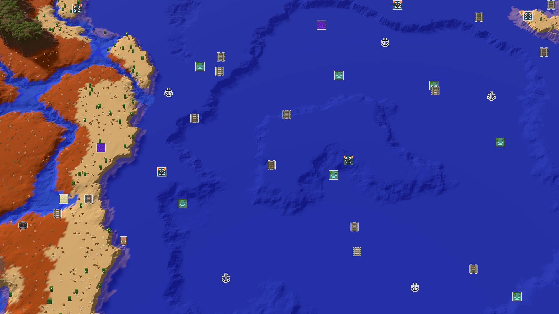 An aerial 3D view of a Minecraft world showing a badlands and desert island, surrounded by warm ocean with deep blue water.
