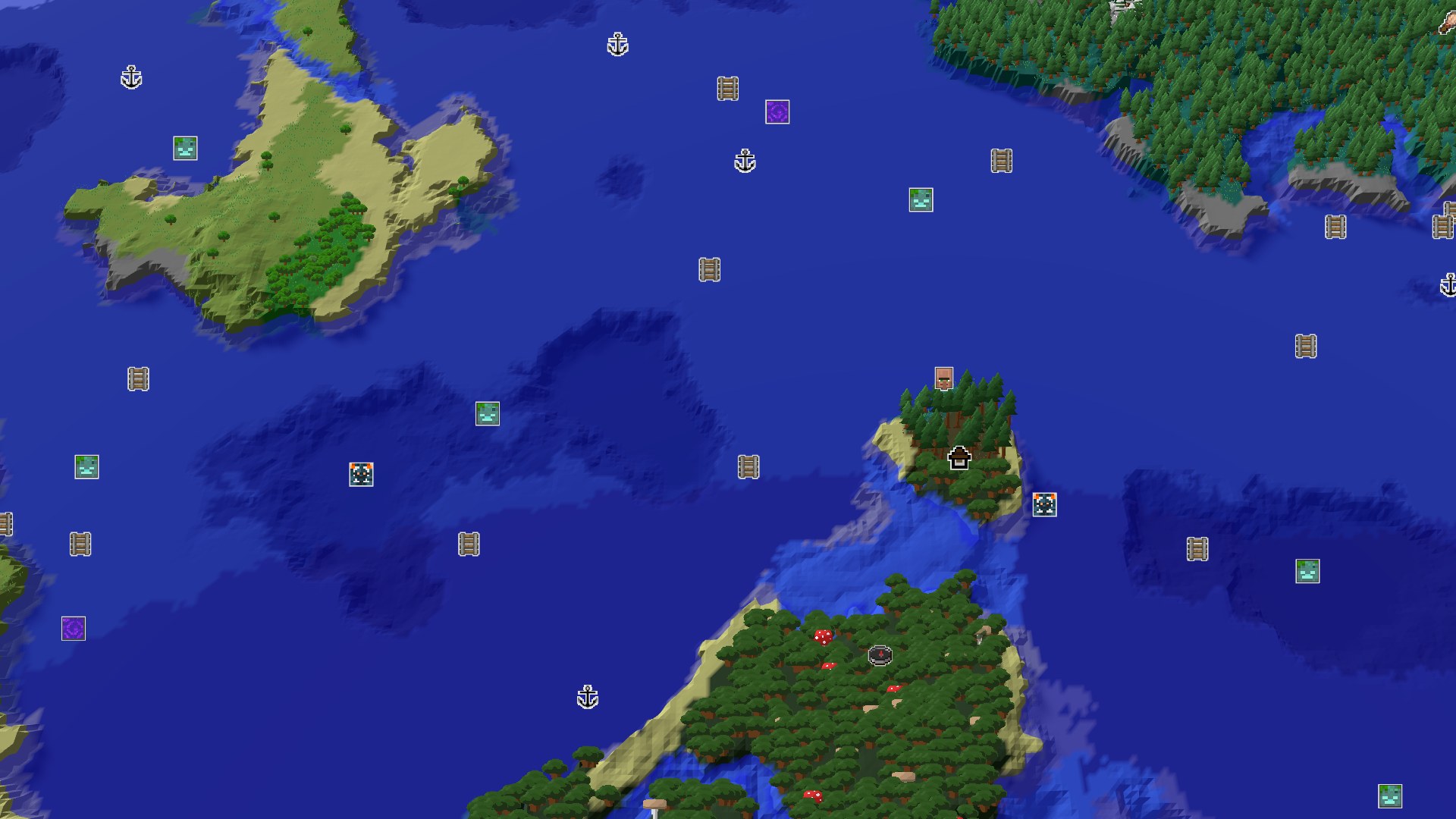 An aerial view of a dark forest biome with large trees and some red mushrooms, bordered by a river leading to open ocean.