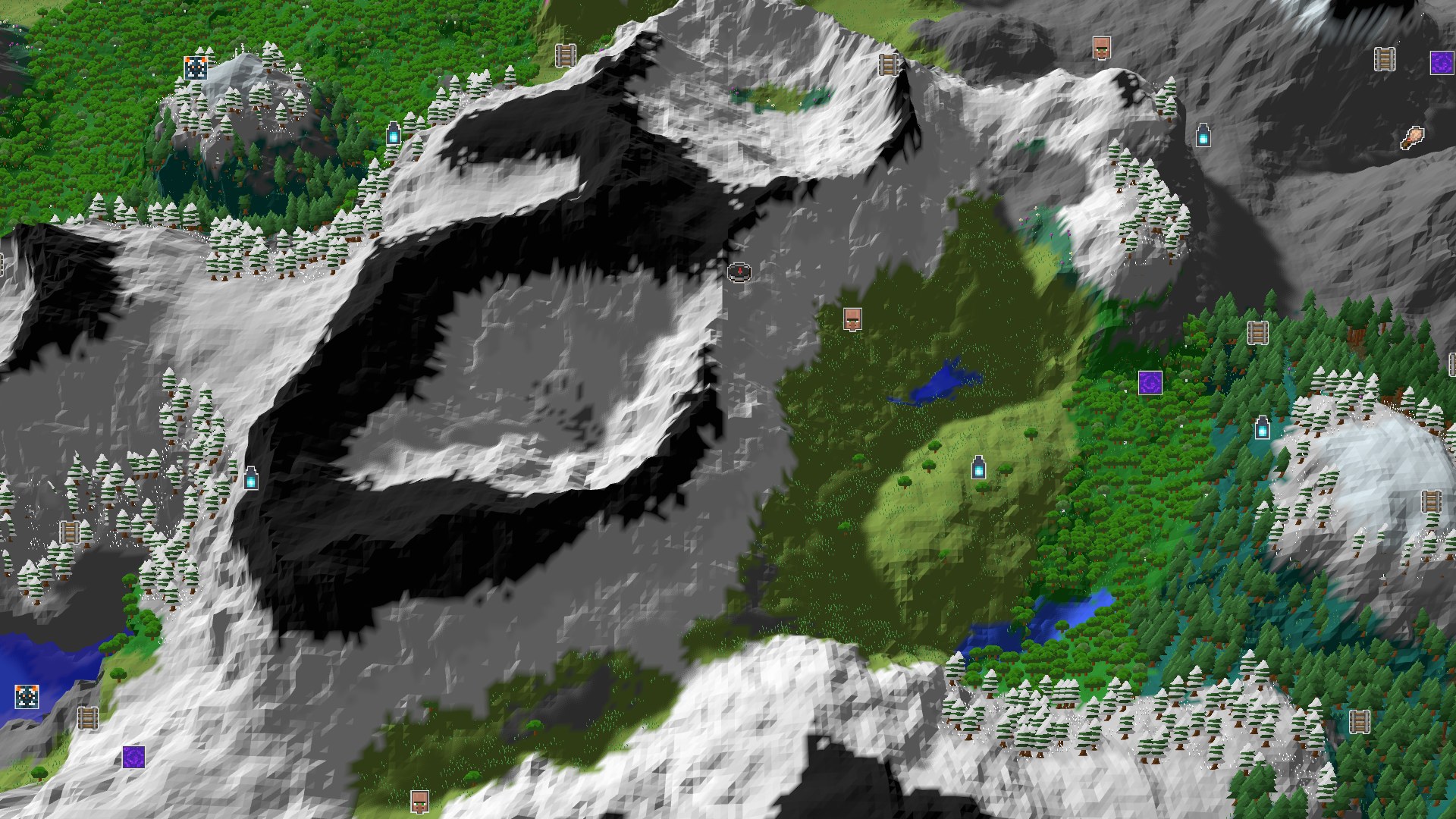 Aerial Minecraft seed map — A Mountainous Start with Nearby Village and Geode