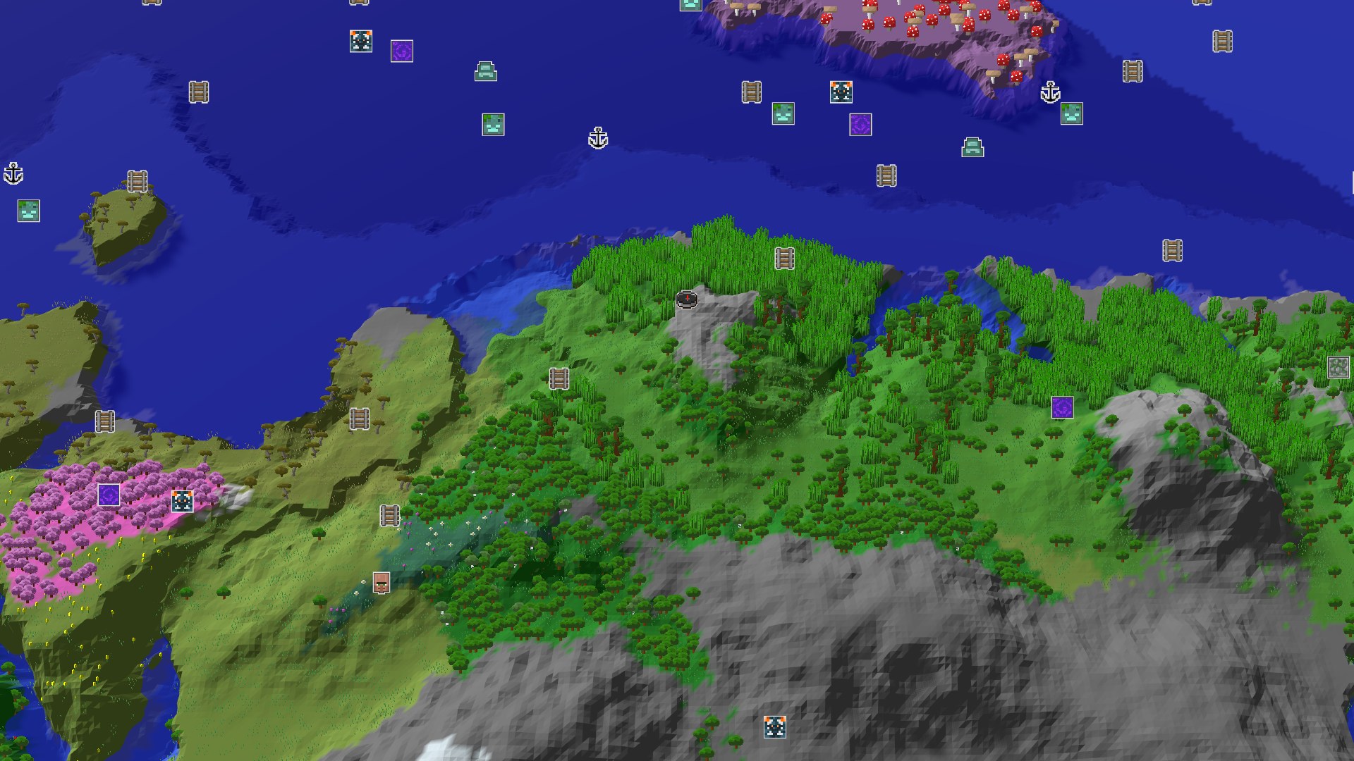 Aerial Minecraft seed map — A Jungle Journey with Distant Peaks