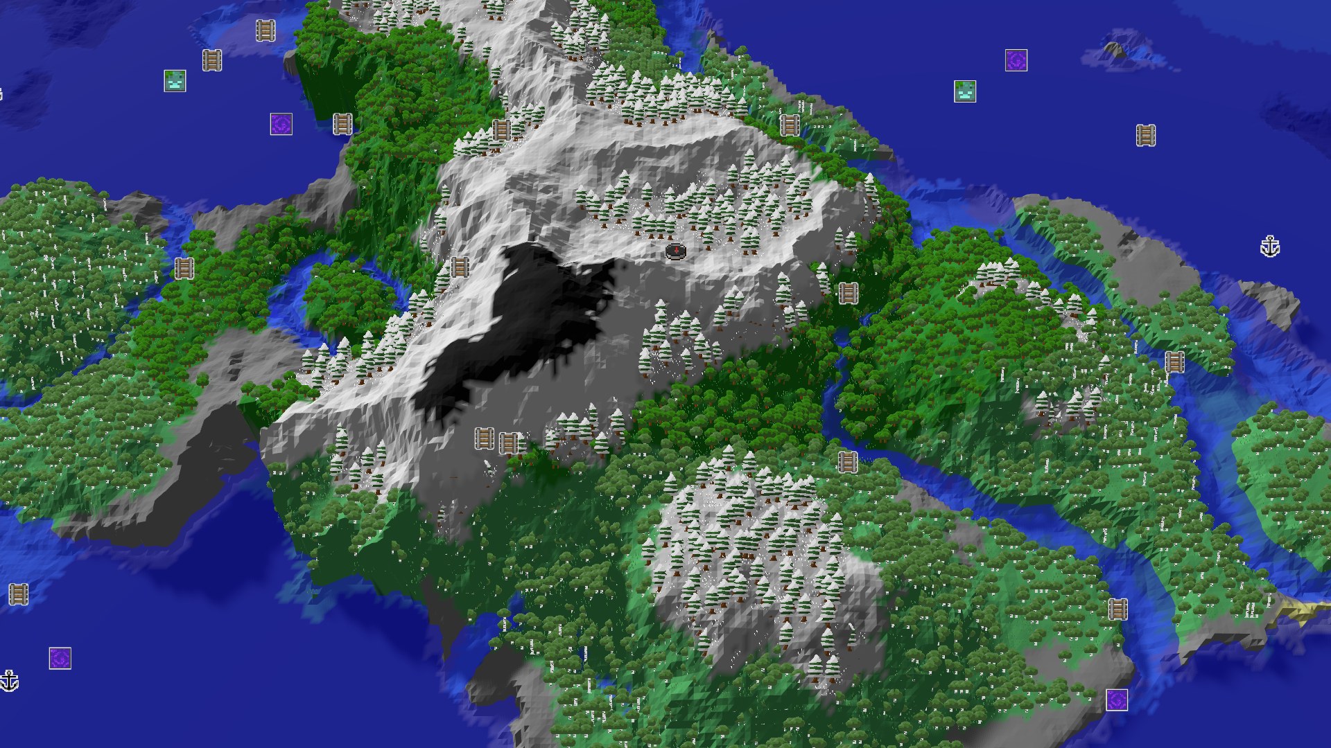 Aerial Minecraft seed map — Peaks and Ocean: A Varied Start