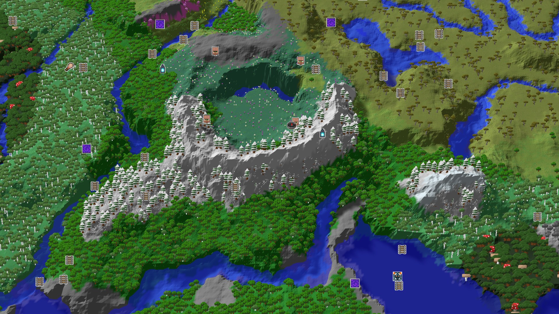 A bird's eye view of a green, forested landscape with a prominent snowy mountain range curving through the center, a blue river winding around it, and a gentle meadow at the center-left with a small spawn marker.