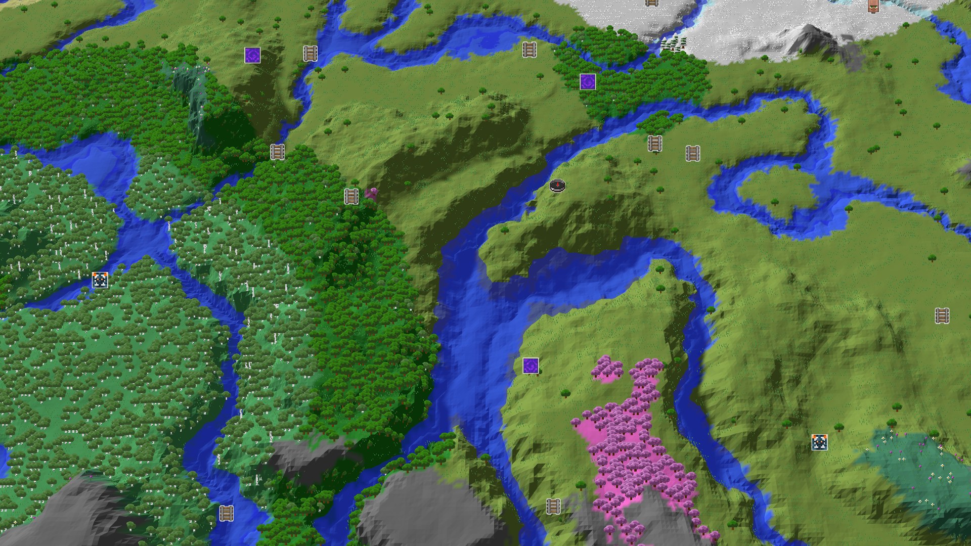 An overhead 3D view of rolling green plains, winding rivers, and dense forests, with a prominent pink cherry grove and a snowy mountain range in the distance.