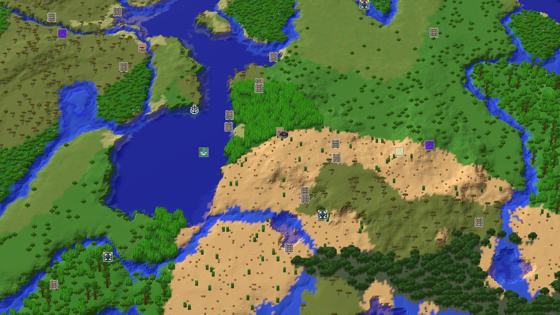 An aerial view of a desert landscape with scattered trees, a body of water to the west, and green jungle biomes surrounding parts of the desert, with a small spawn marker in the center.