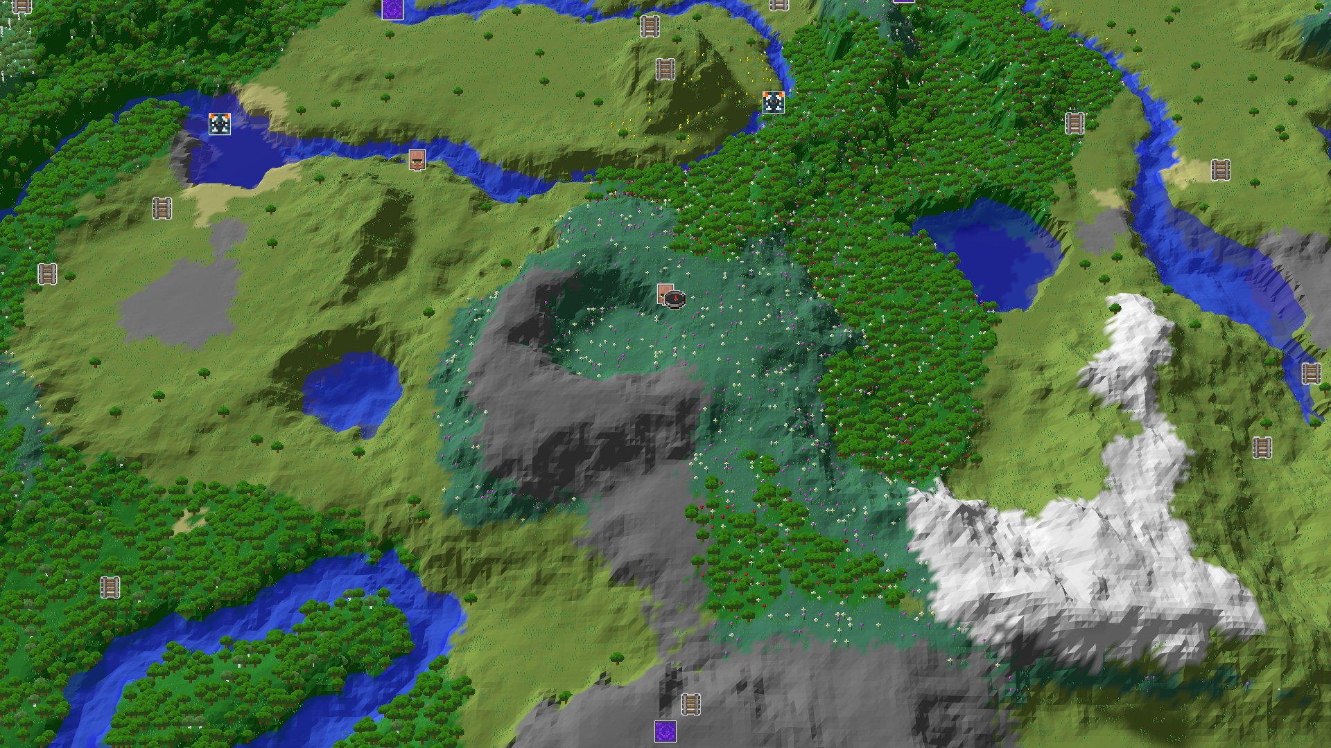 Aerial Minecraft seed map — A Quick Village Start with Nearby Amethyst and Mountains