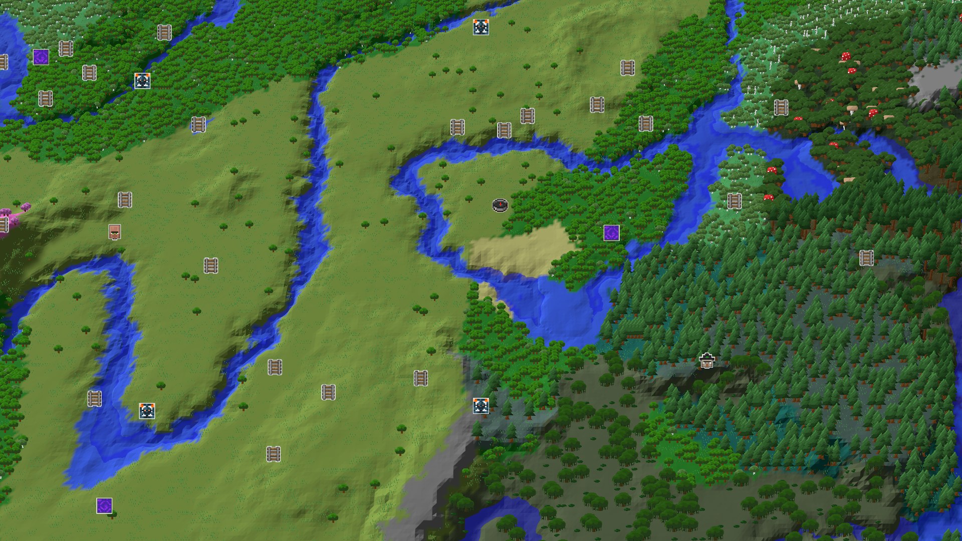 Aerial Minecraft seed map — Plains Spawn with a Close Amethyst Geode and Varied Biomes