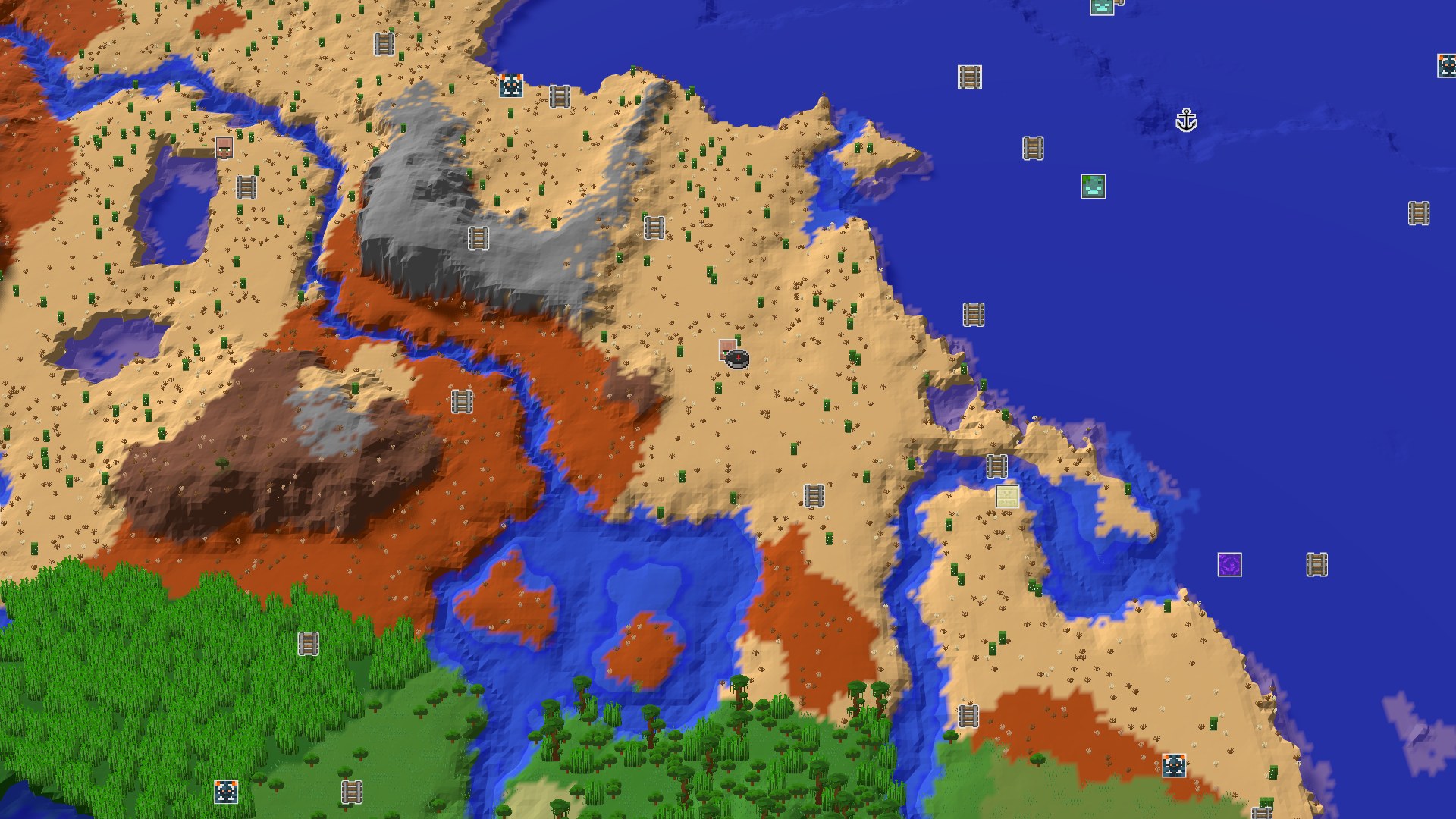 Aerial Minecraft seed map — Desert Spawn with a Nearby Village and Buried Amethyst