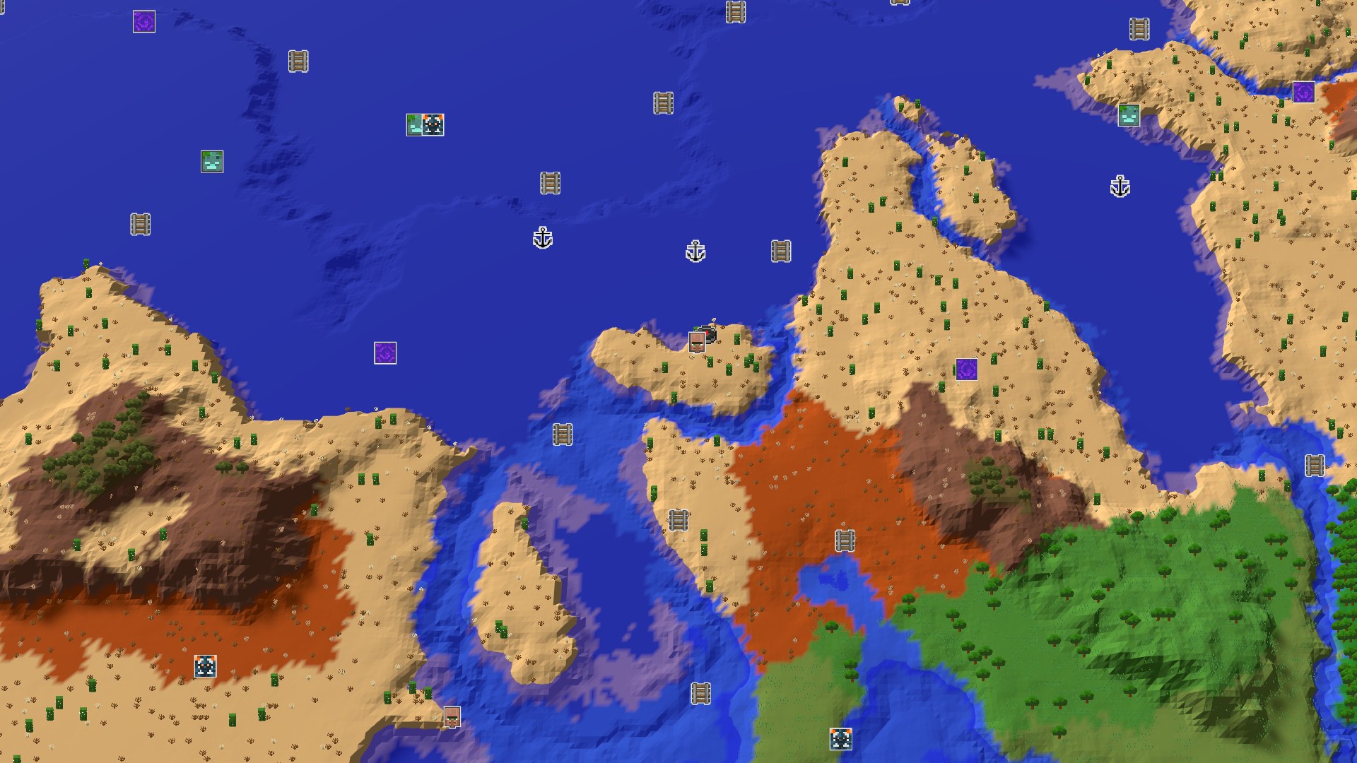 Aerial Minecraft seed map — Desert Spawn with a Nearby Village and Badlands