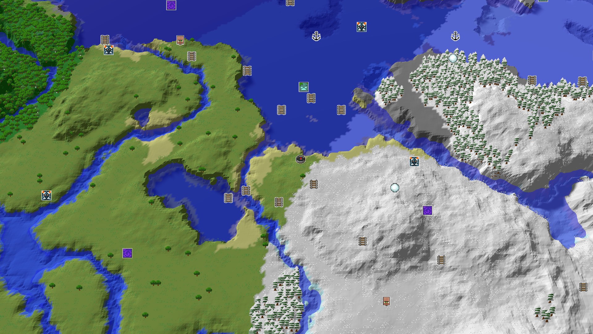 Aerial Minecraft seed map — A Cold Start with Hidden Treasures