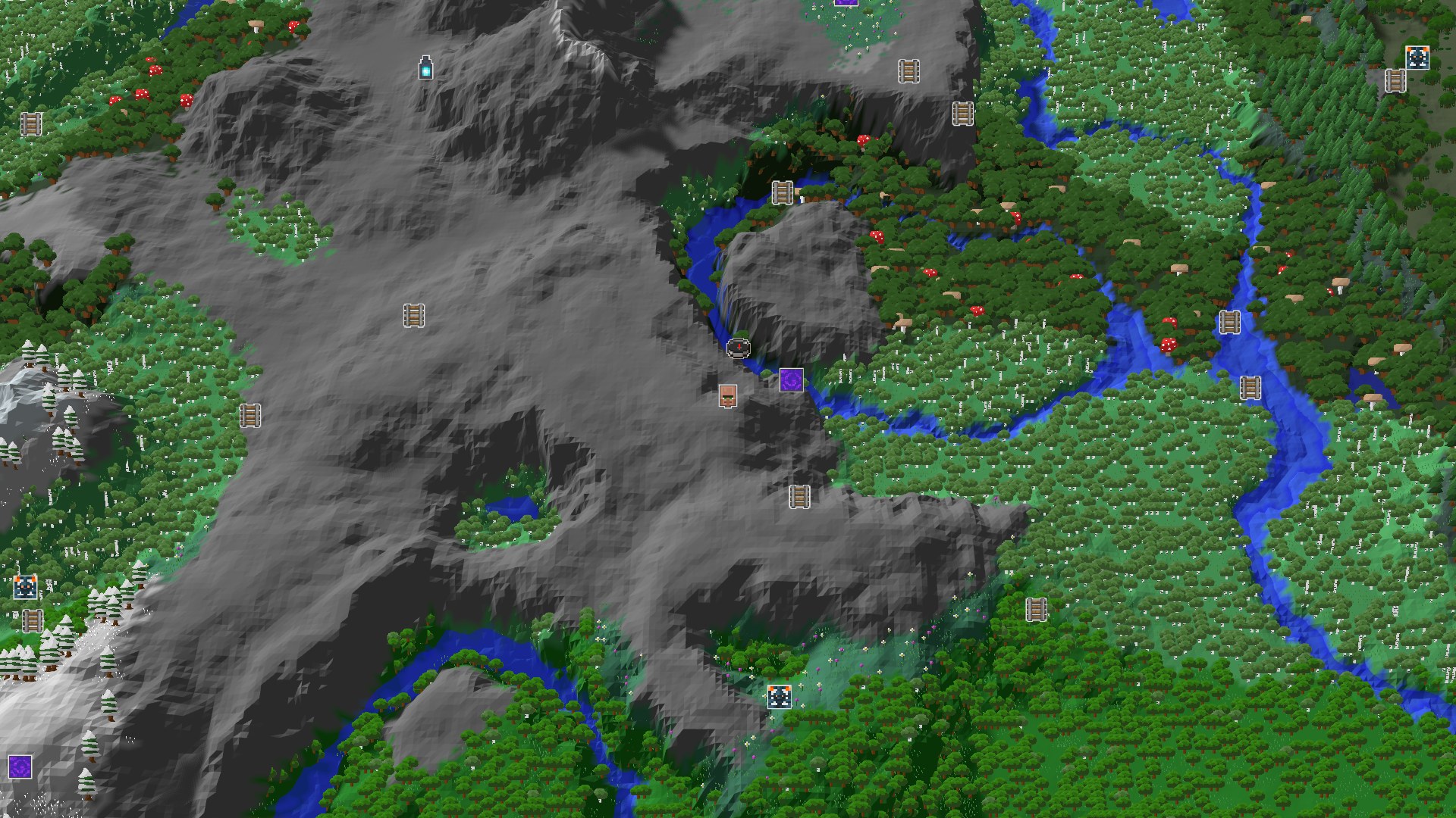 Aerial Minecraft seed map — A Birch Forest Start Near Jagged Peaks