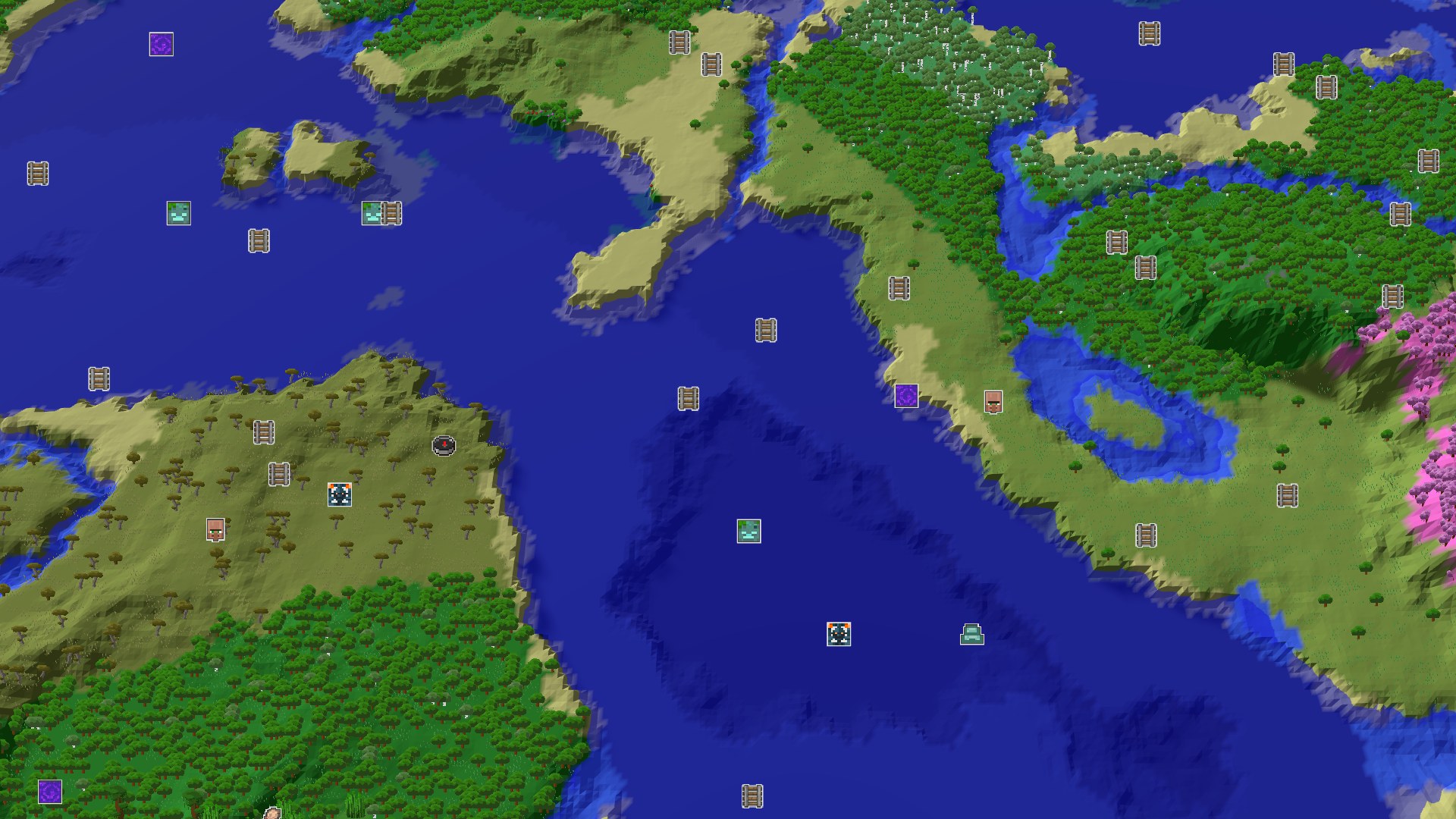Aerial Minecraft seed map — Savanna Spawn with Quick Access to Valuable Structures