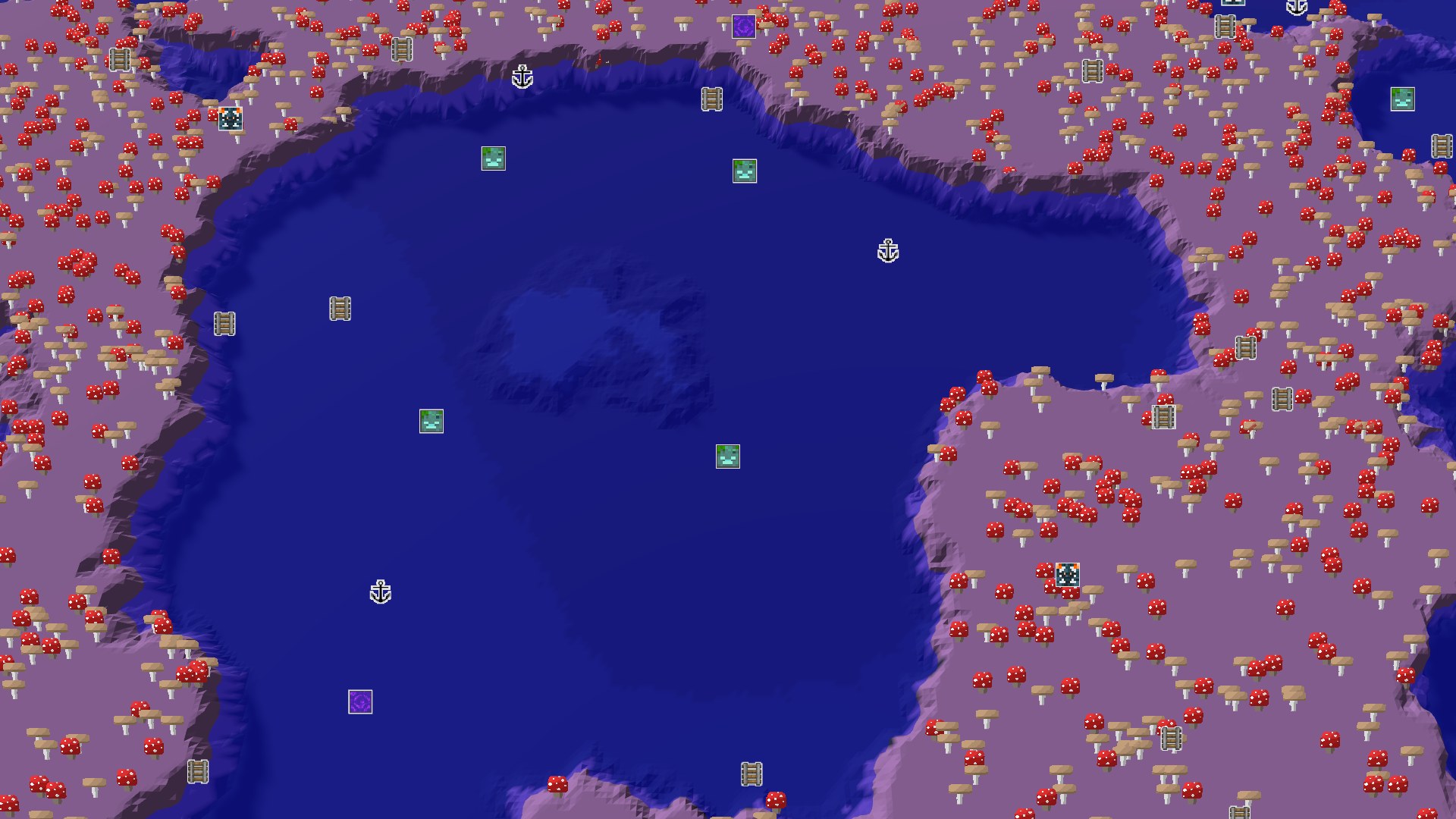 An overhead view of a large body of water surrounded by land. The land is predominantly purple with scattered red and brown mushroom-like growths, indicating a Mushroom Fields biome. The water is deep blue, with some darker areas suggesting varying depths.
