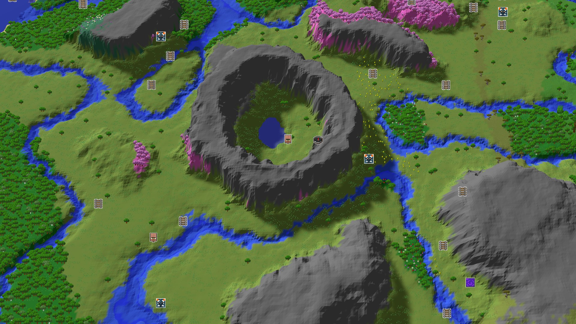 Aerial Minecraft seed map — Spawn in a Cherry Grove, with a Village Nearby