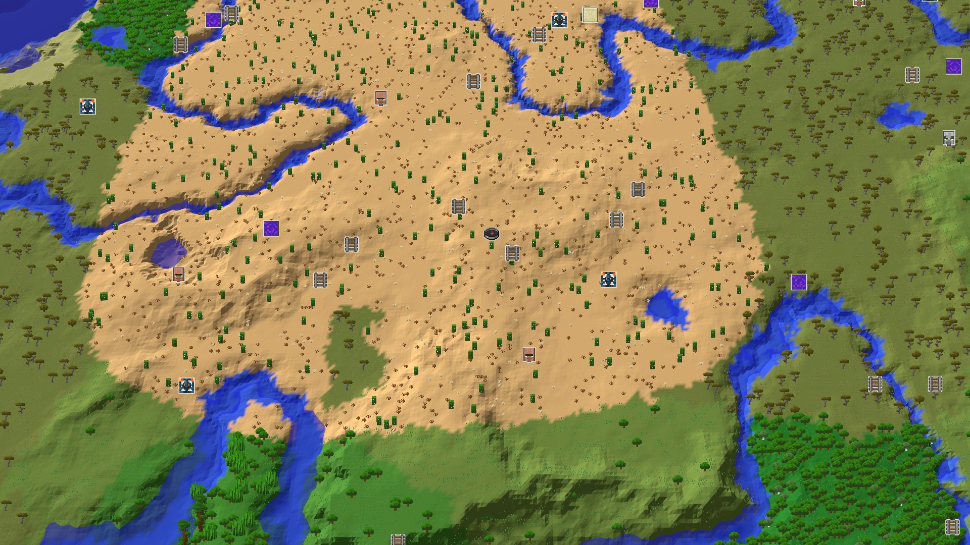 Aerial Minecraft seed map — Desert Start with Quick Mineshaft and Geode