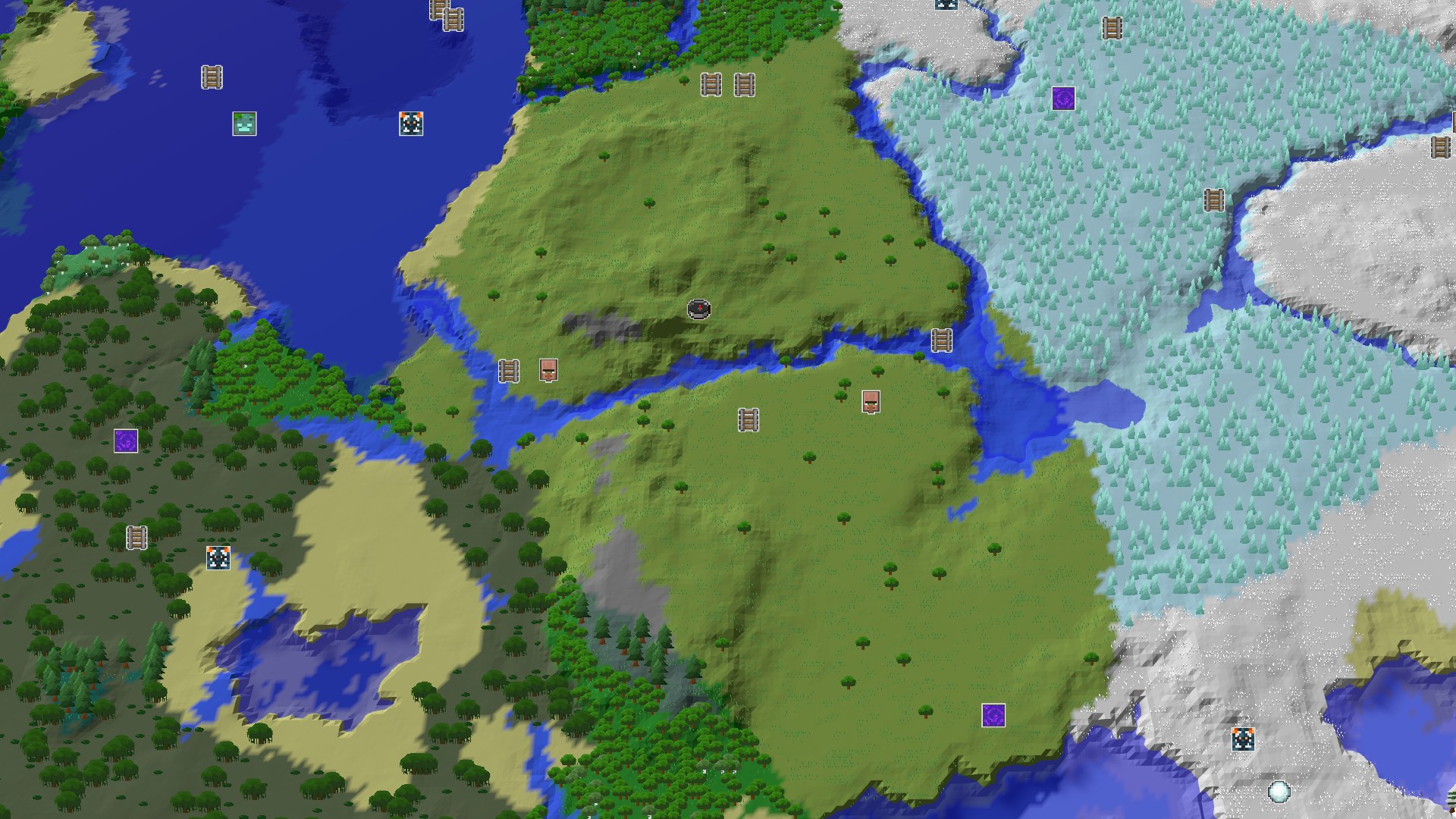 Aerial Minecraft seed map — A Balanced Start with Nearby Amethyst and Icy Biomes