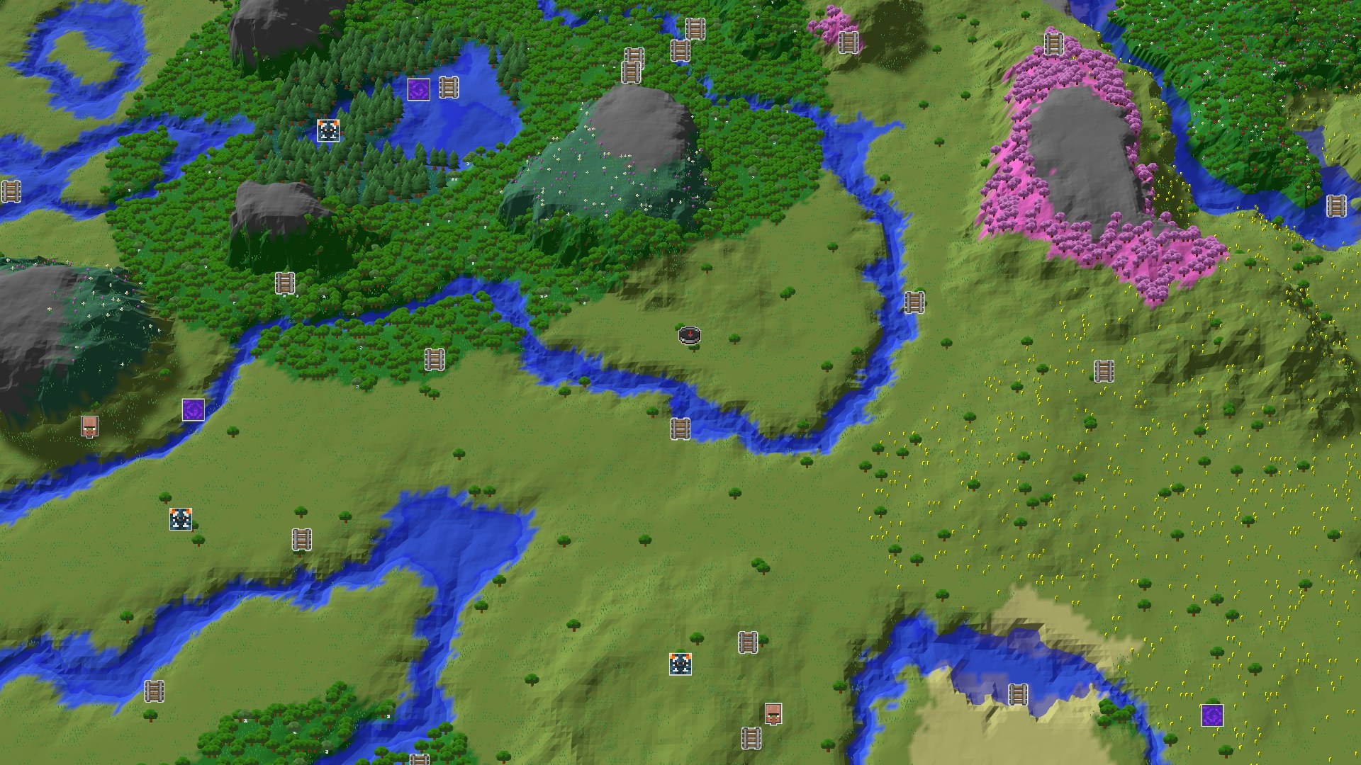 Aerial Minecraft seed map — Plains and Rivers with a Close Amethyst Geode