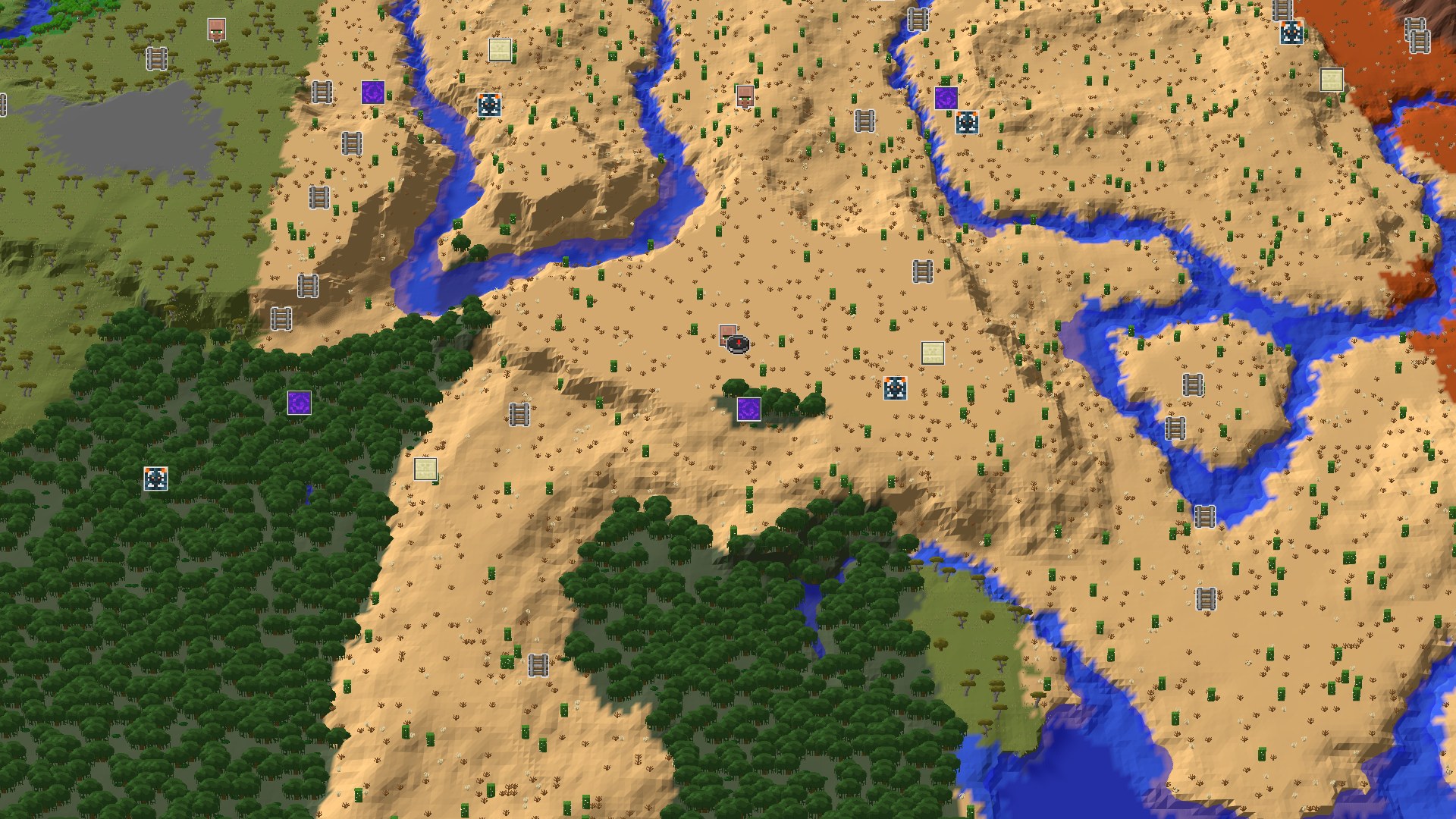 Aerial Minecraft seed map — Spawn in a Desert Village with a Mangrove Swamp nearby