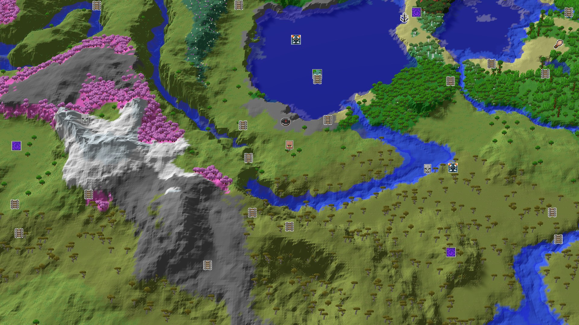 Aerial Minecraft seed map — A Village and Cherry Grove near Spawn