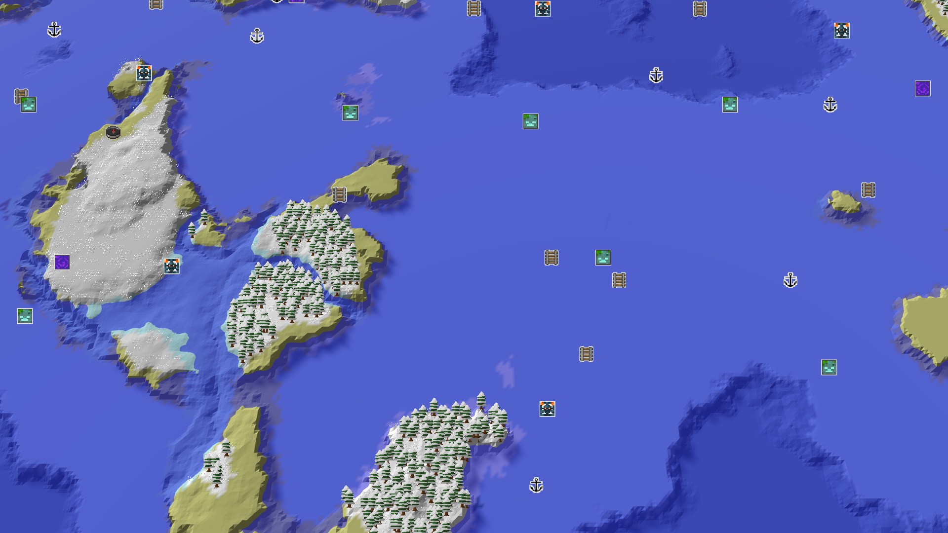 An aerial view of a snowy landscape with scattered evergreens on islands, surrounded by a large expanse of deep blue frozen ocean, with a small spawn marker on a snowy plain.