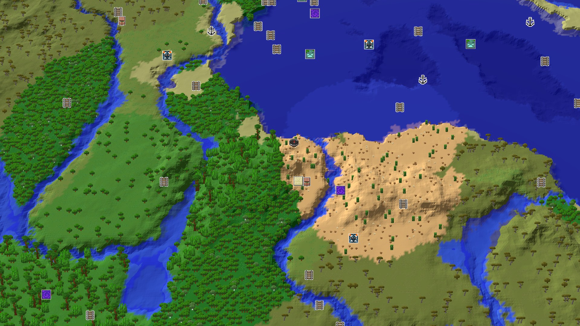 Aerial Minecraft seed map — Desert Spawn with Nearby Temple and Village