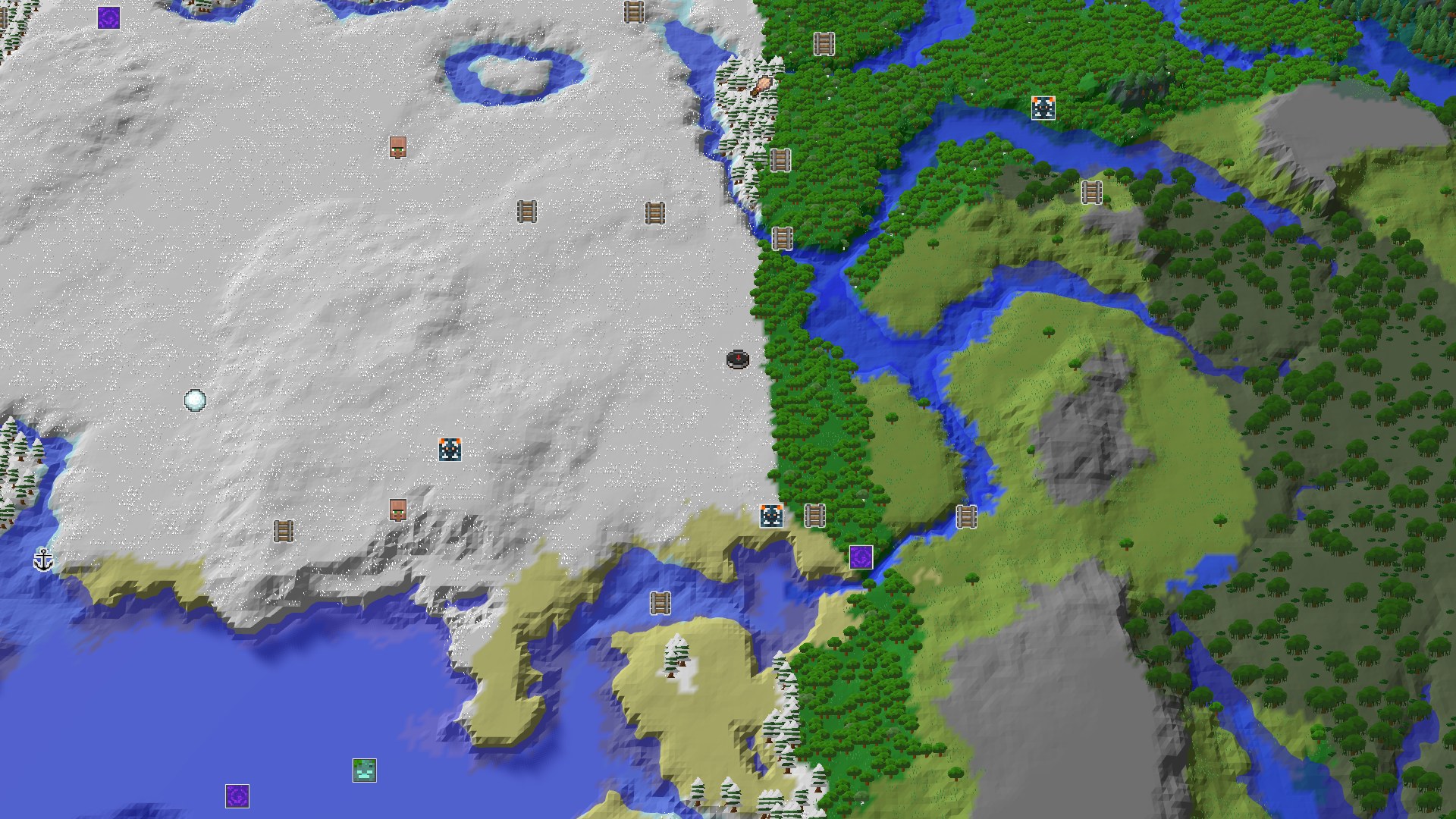 A bird's-eye view shows a large, snow-covered area on the left, transitioning to green forests and winding rivers on the right. Rocky hills are visible within the forested regions, and a small spawn marker sits in the snow.