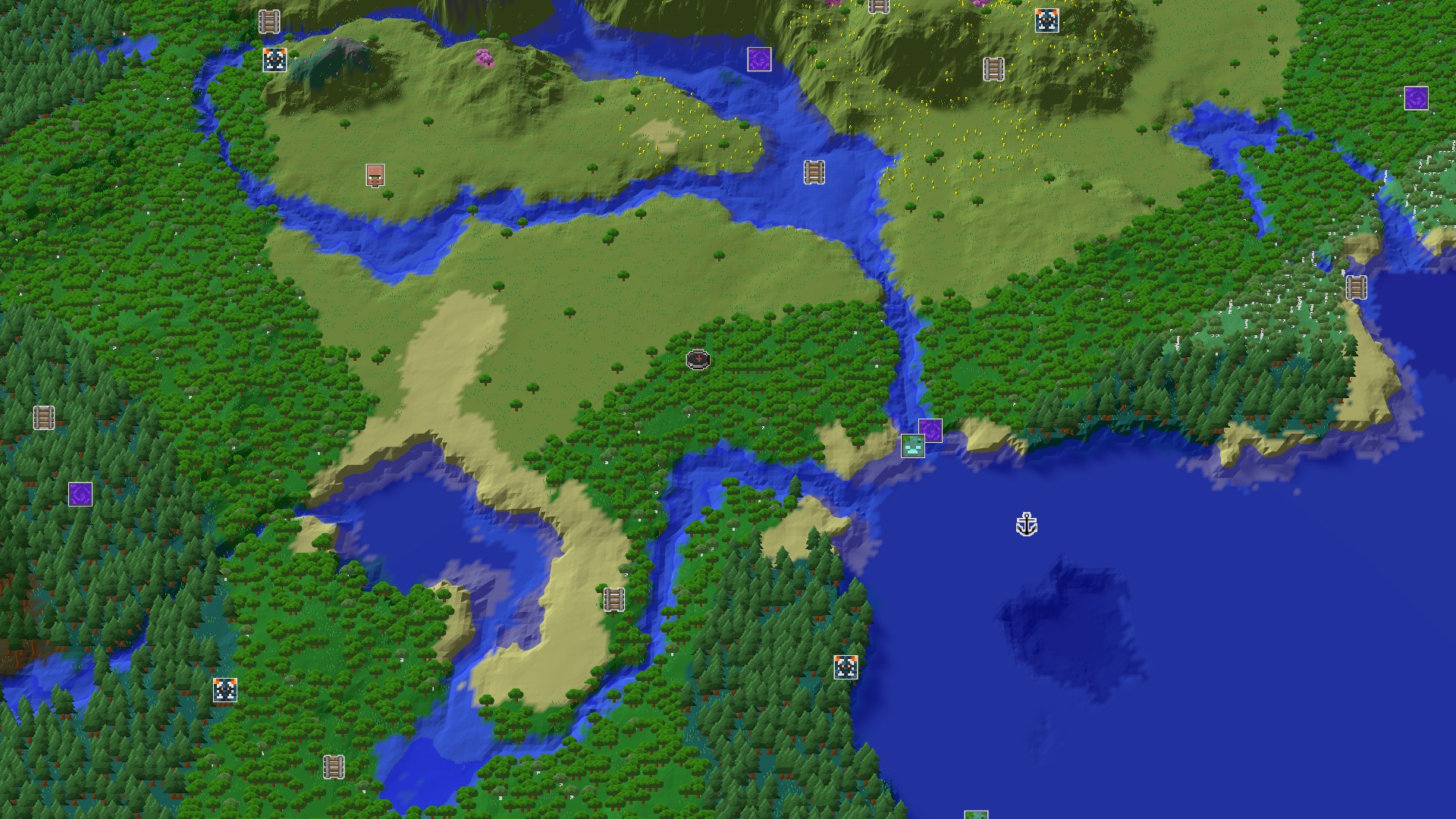 Aerial Minecraft seed map — Forest Spawn with Nearby Geode and Coastal Adventures