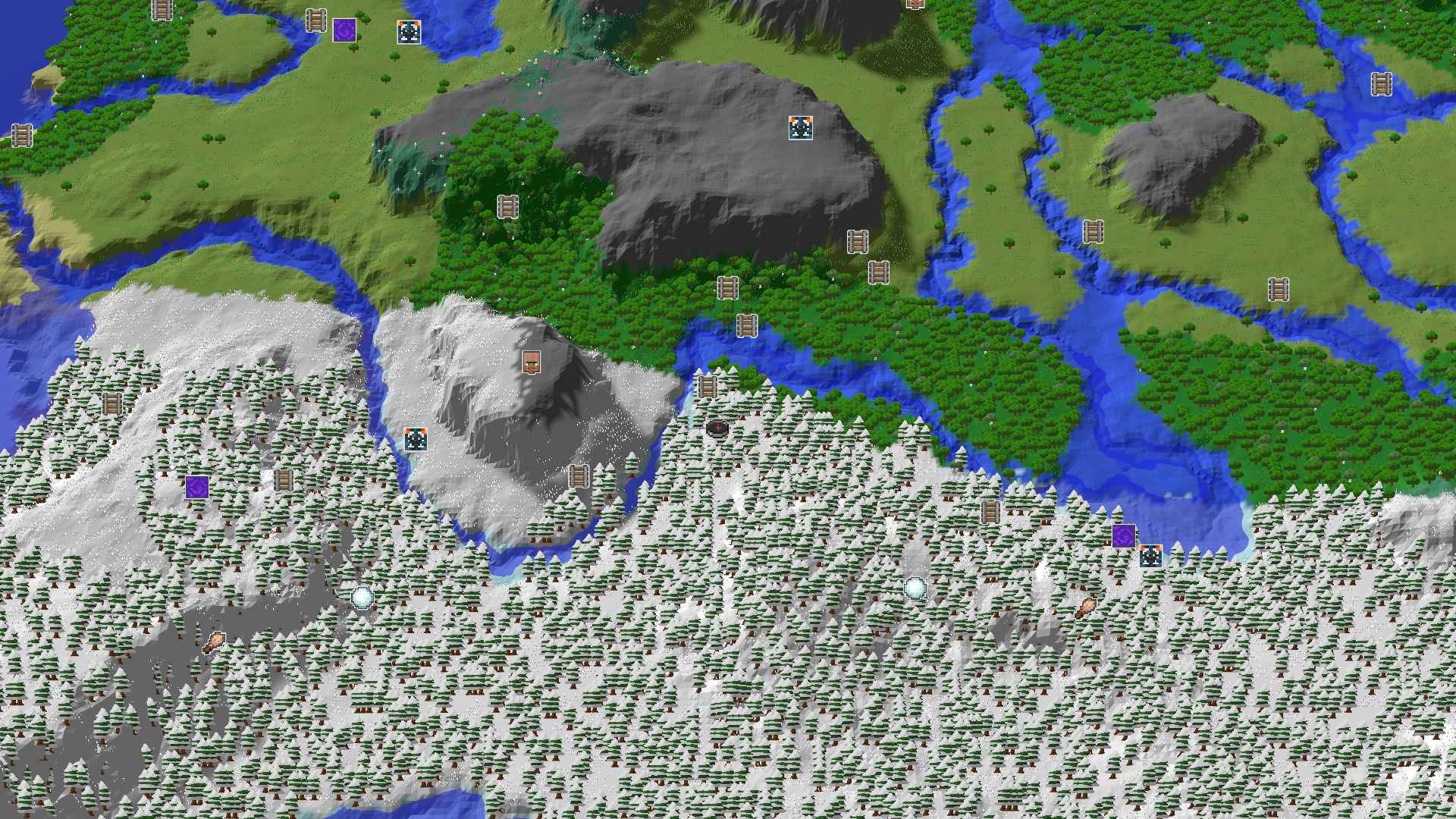 Aerial Minecraft seed map — Snowy Taiga Spawn with an Amethyst Geode Nearby