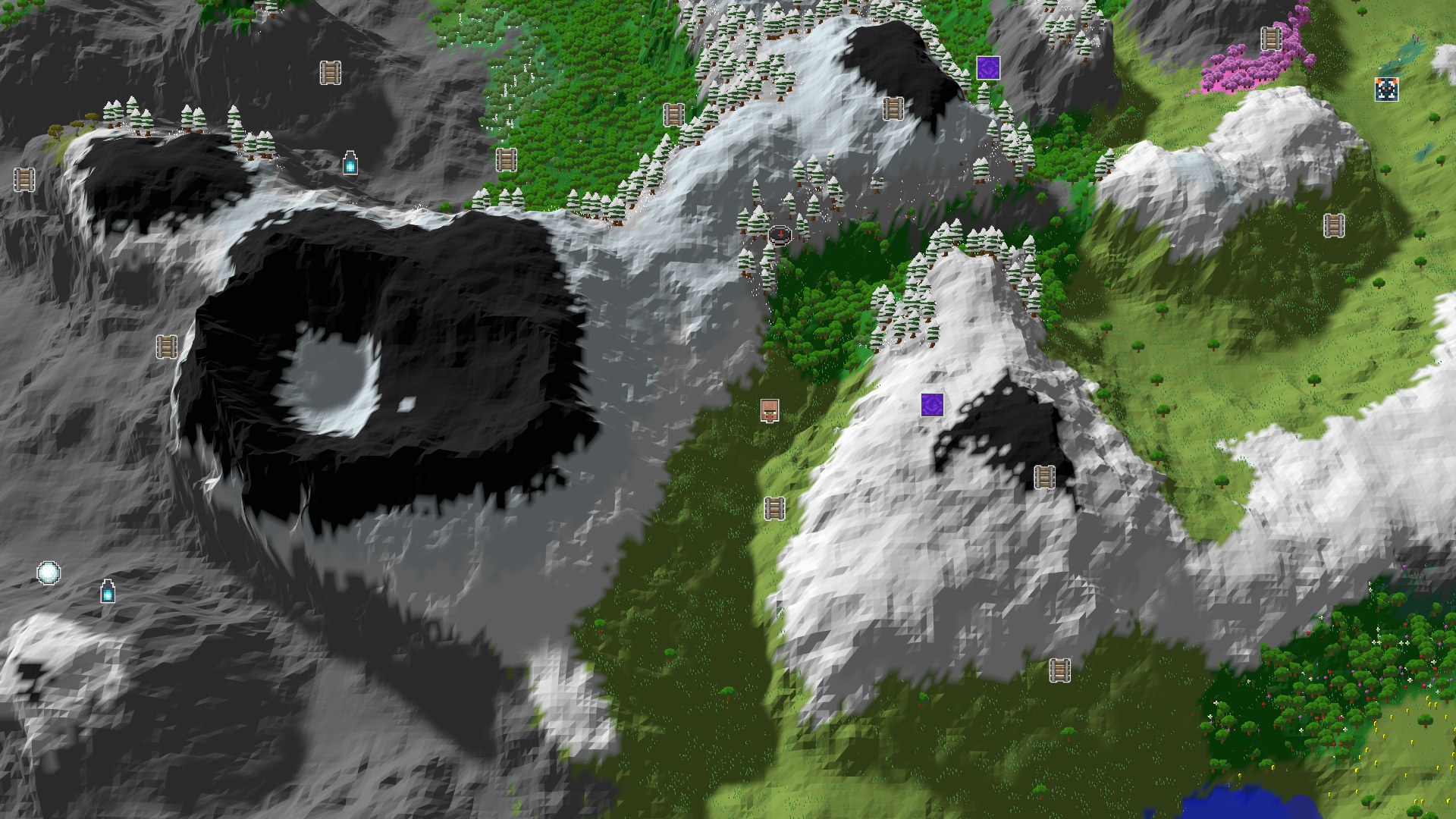 Aerial Minecraft seed map — Spawn in a Grove, With Mountains and Geode Nearby