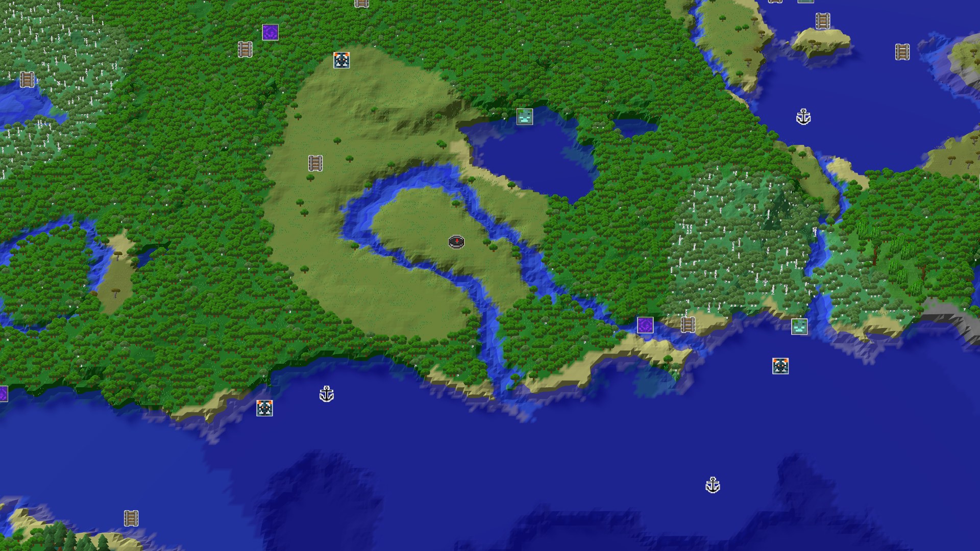 Aerial Minecraft seed map — A Lush Forested Spawn with Nearby Underground Riches