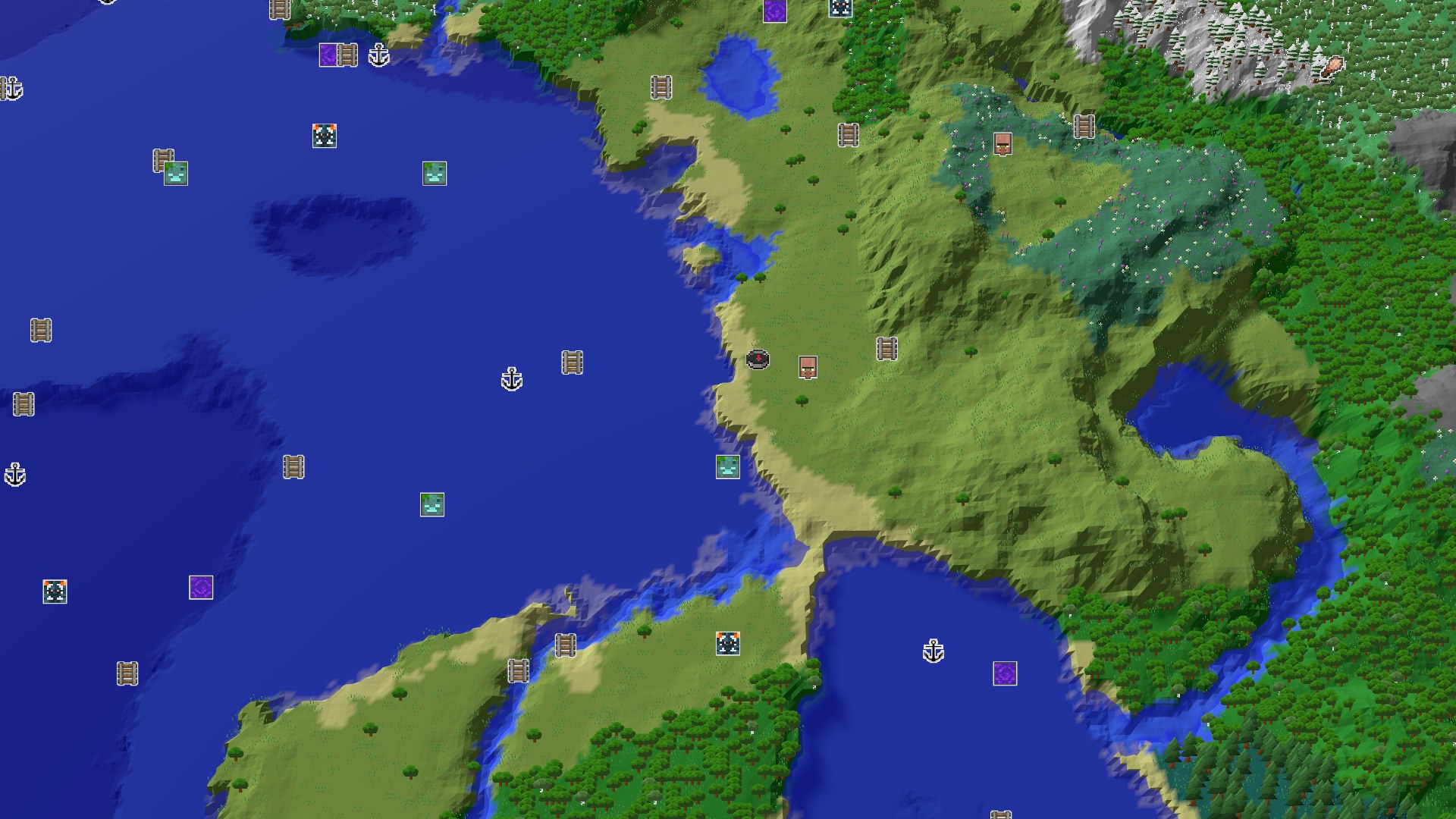 Aerial Minecraft seed map — Spawn in Plains with Nearby Village and Amethyst Geode