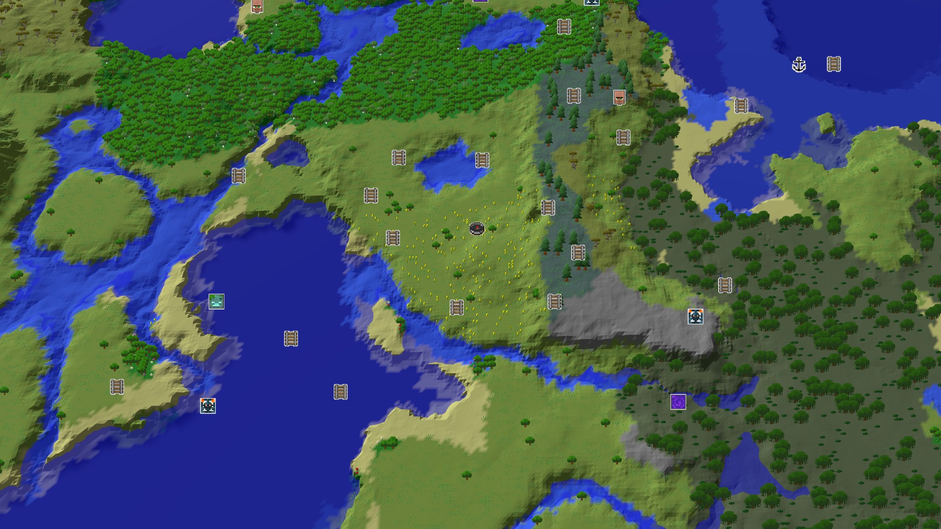 Aerial Minecraft seed map — A Sunflower Start with Nearby Hills and Water for Java 26+