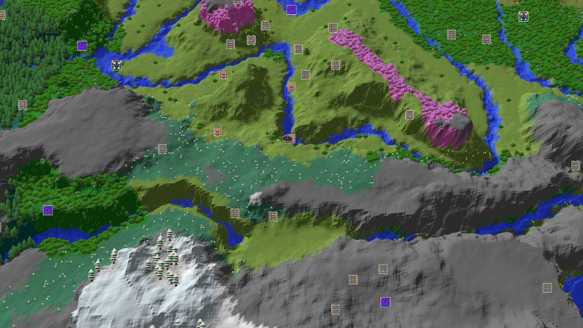 Aerial Minecraft seed map — A Village Start with Nearby Mountains and Cherry Groves