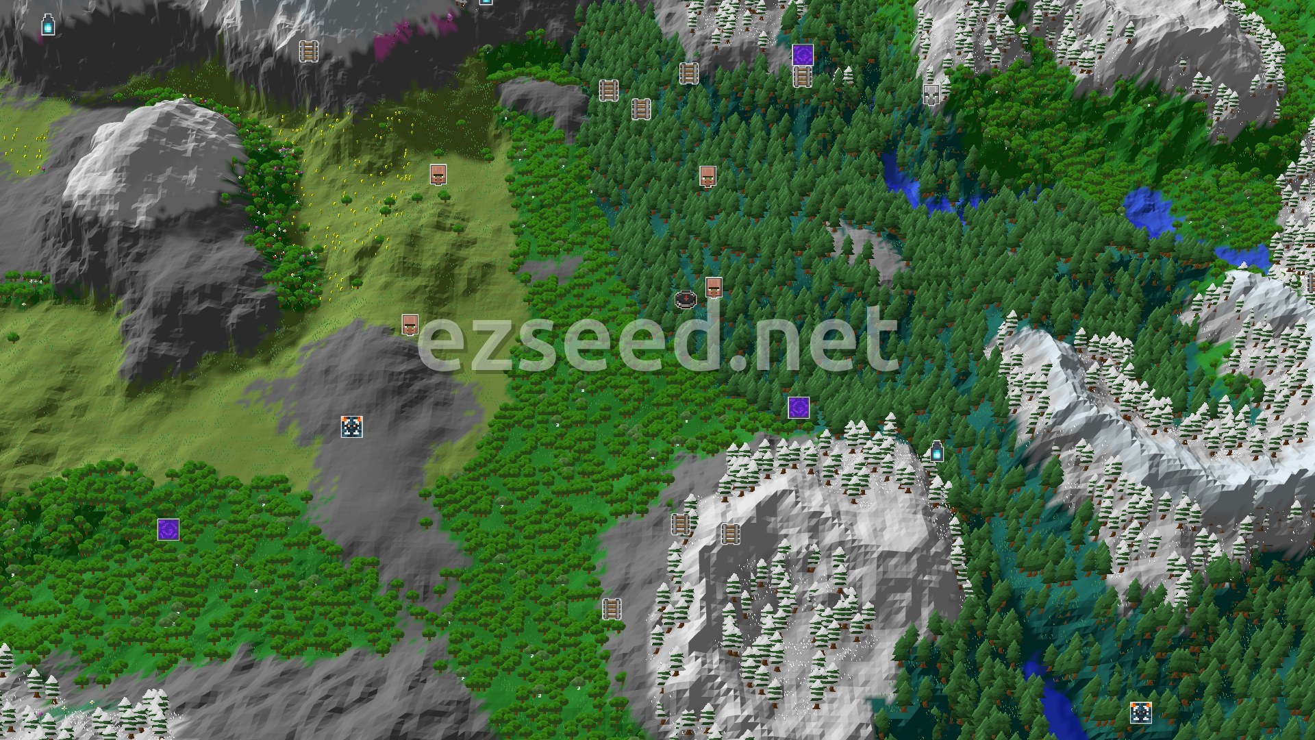 Aerial Minecraft seed map — Spawn in Taiga with a Nearby Village and Mountains