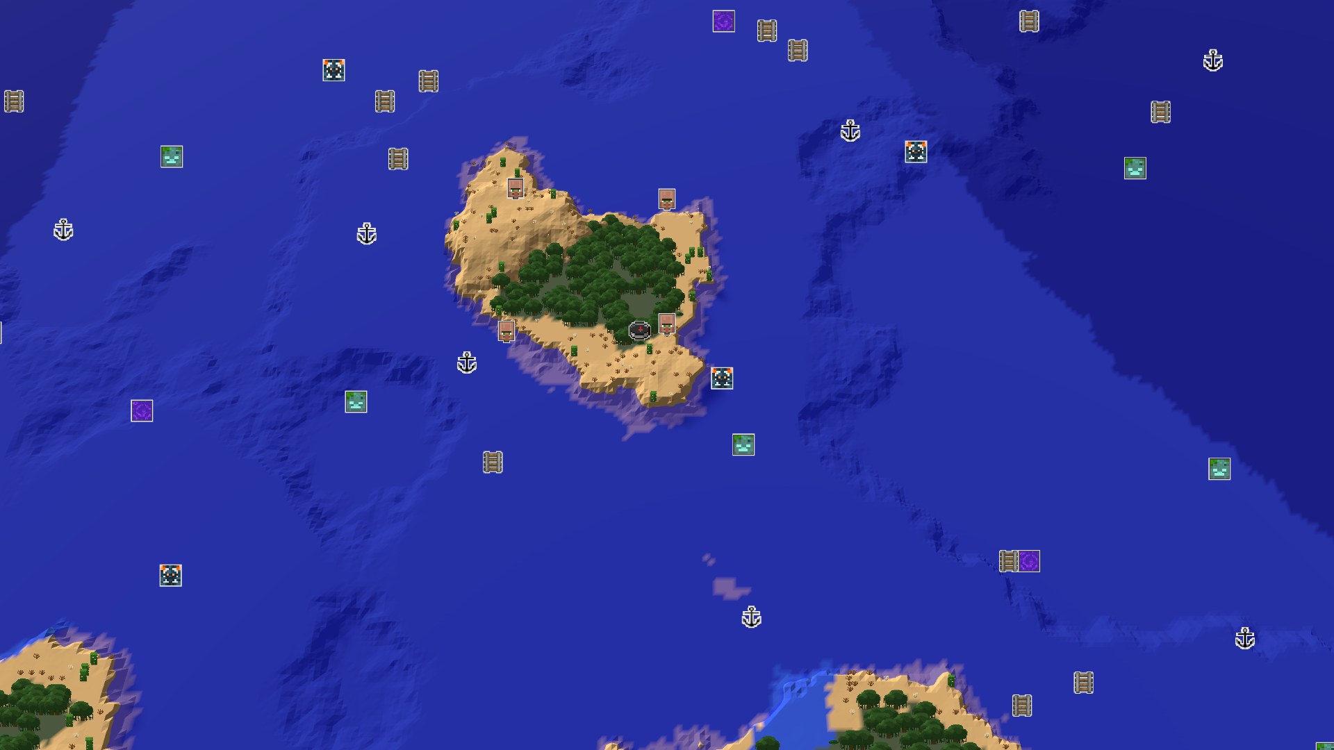 Aerial Minecraft seed map — Island Desert Spawn with a Nearby Village