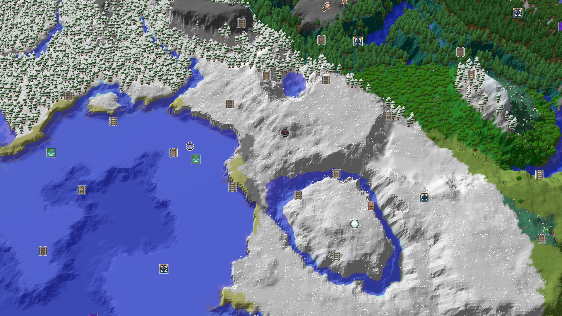 Aerial Minecraft seed map — A Snowy Start with Nearby Mineshaft and Village