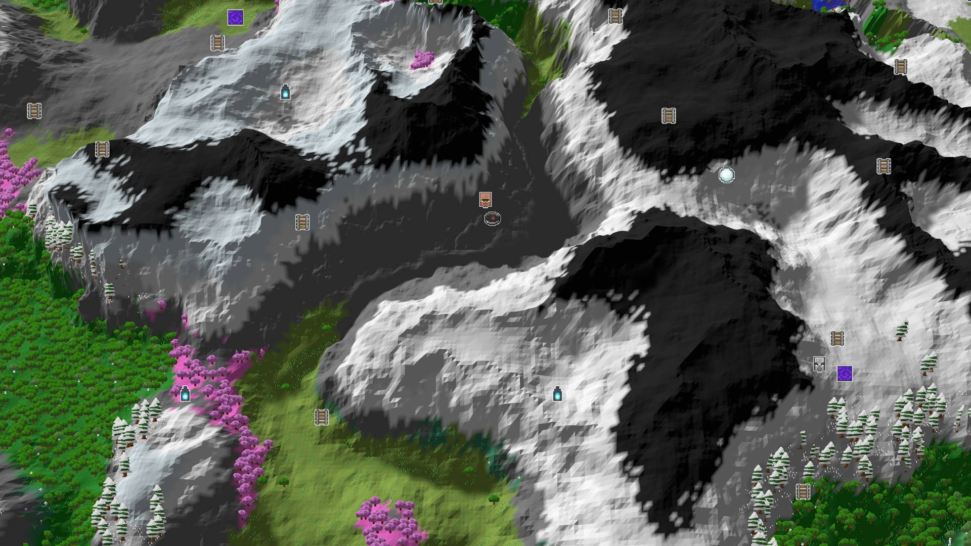 Aerial Minecraft seed map — A Quick Village Start Amidst Towering Peaks