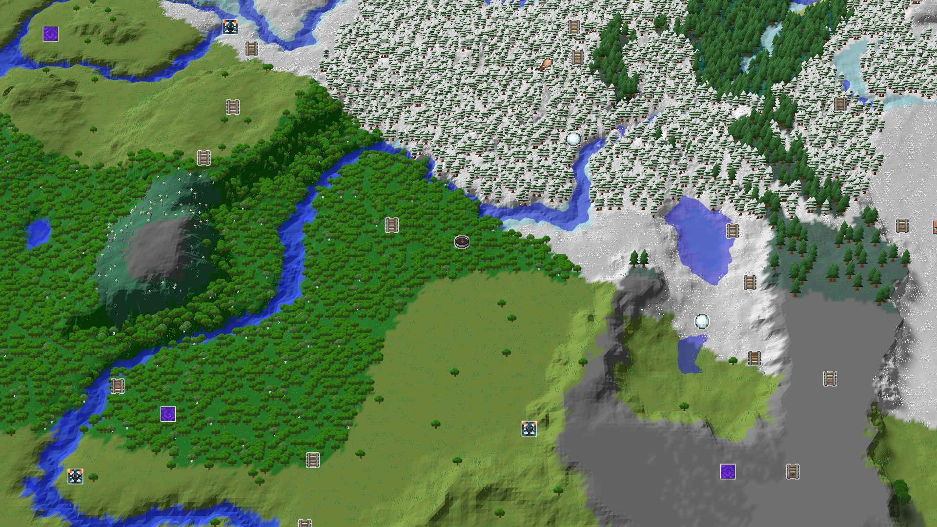 Aerial Minecraft seed map — A Cold Start With Close Caves and Distant Peaks