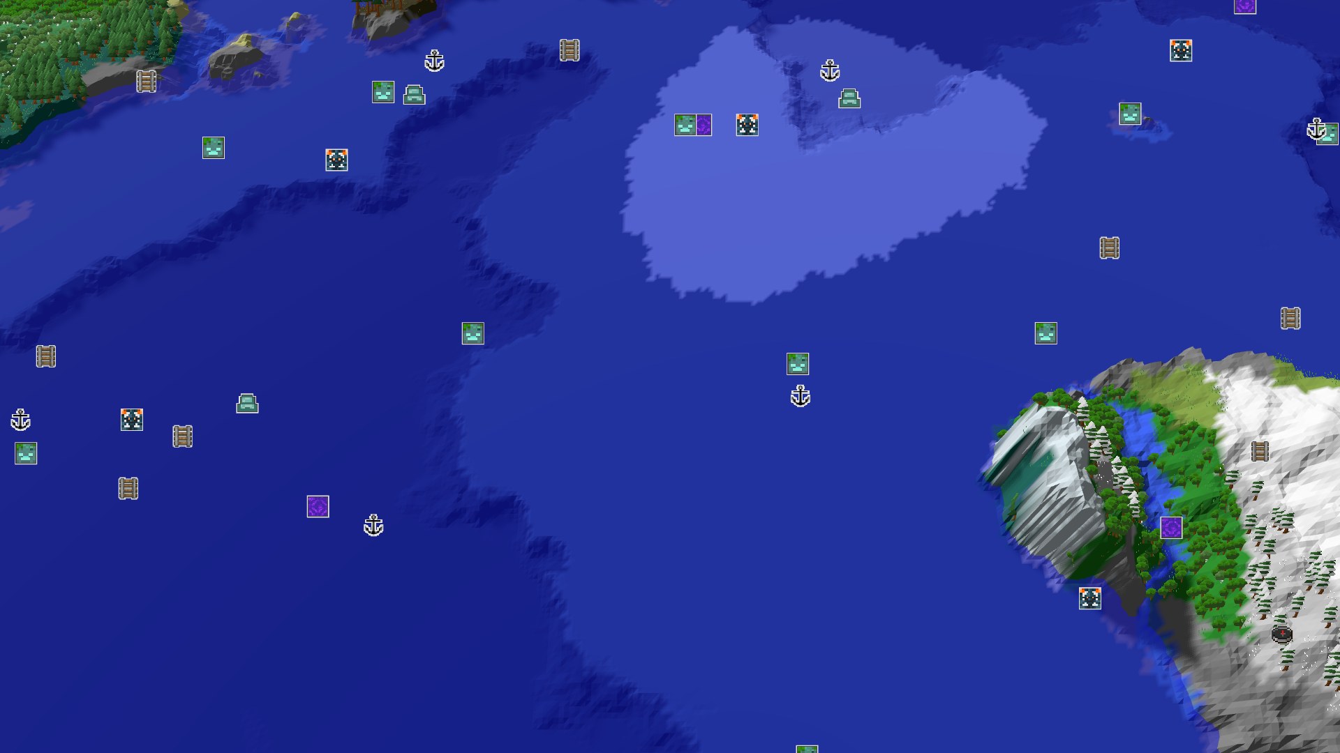 An aerial view showing a cold, mountainous spawn area with forests, snowy peaks, and a large expanse of frozen ocean to the north and west. The spawn marker is in a small grove near a mountain base.