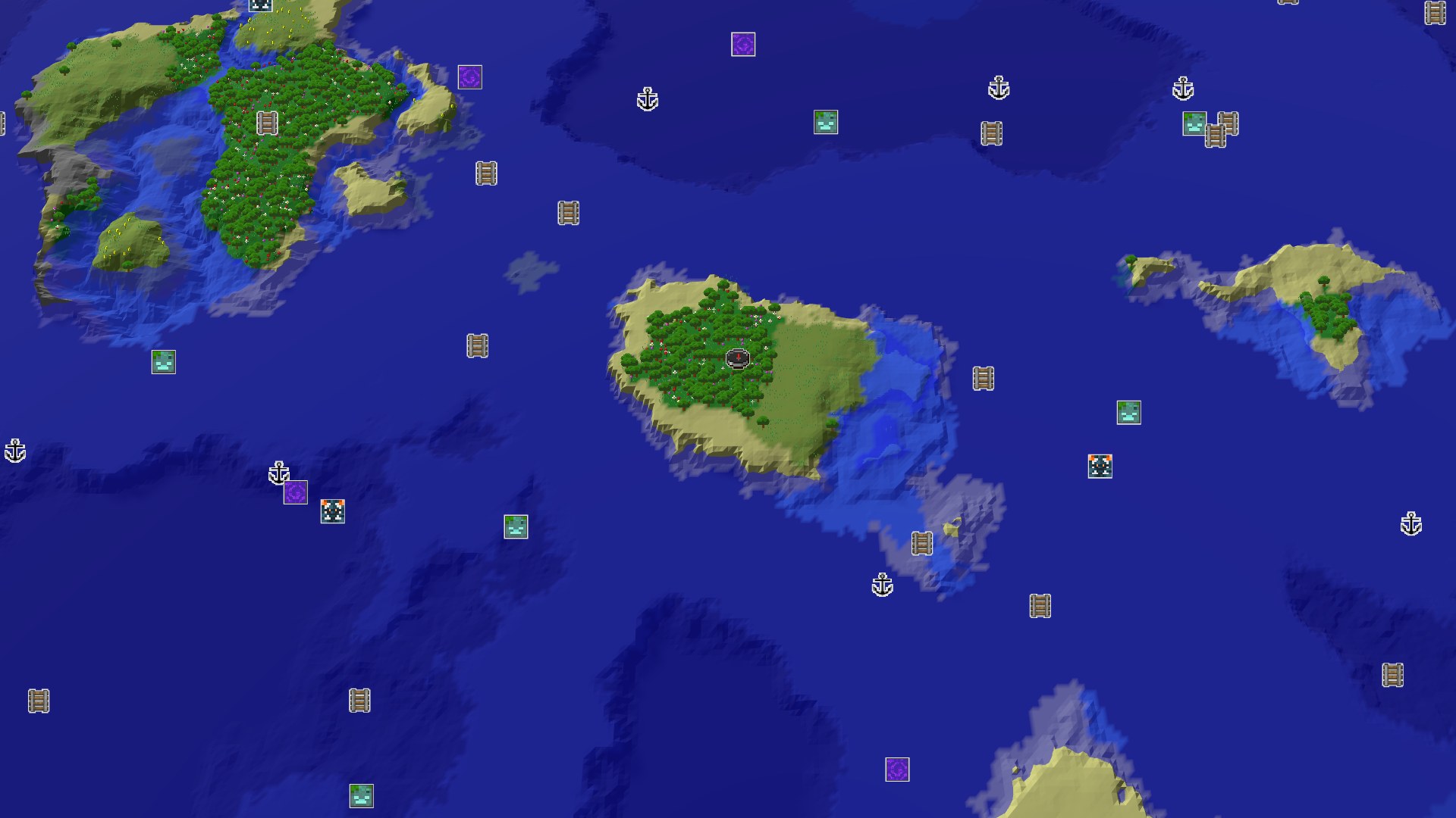 A 3D overhead view of a small island covered in trees, surrounded by blue ocean, with a tiny red spawn marker at the island's center.