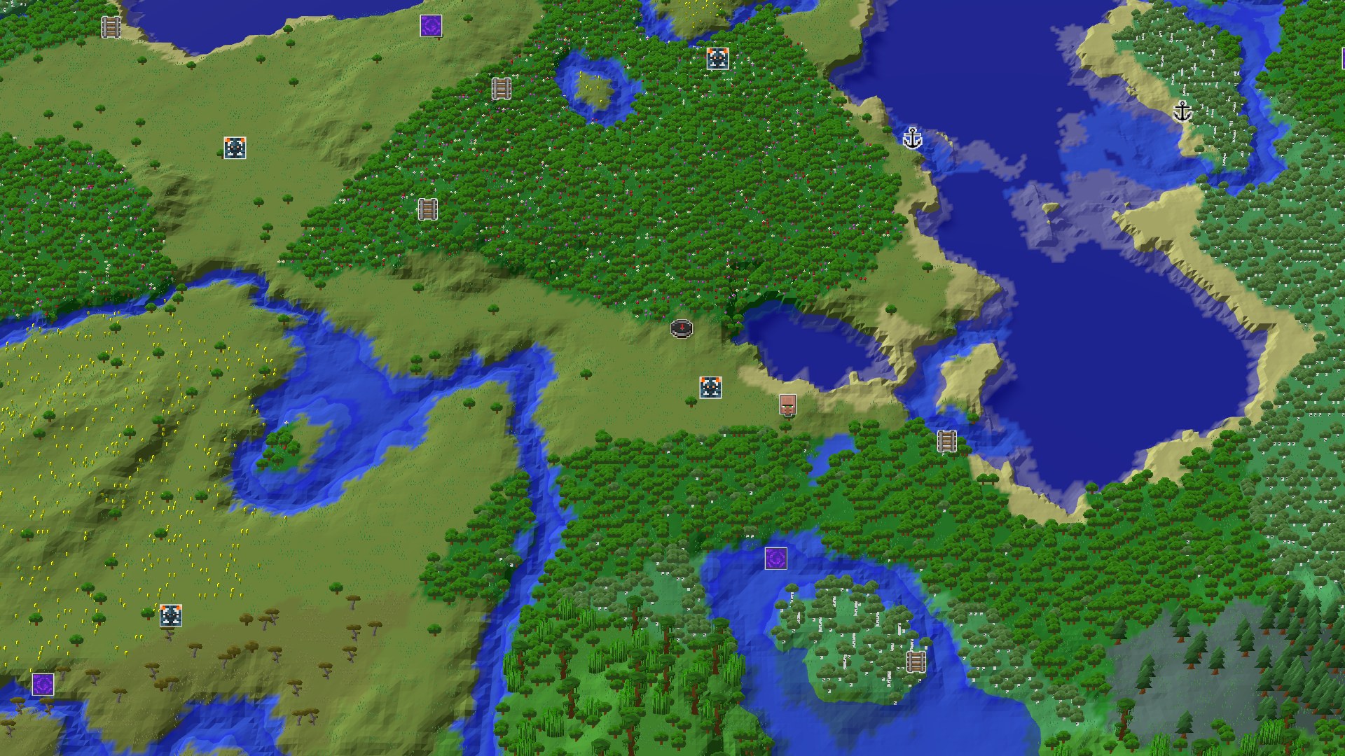 A 3D overhead view of a mostly flat, green landscape with scattered trees, a winding river, and a large body of water to the east. A small spawn marker is visible in a grassy area near the center.