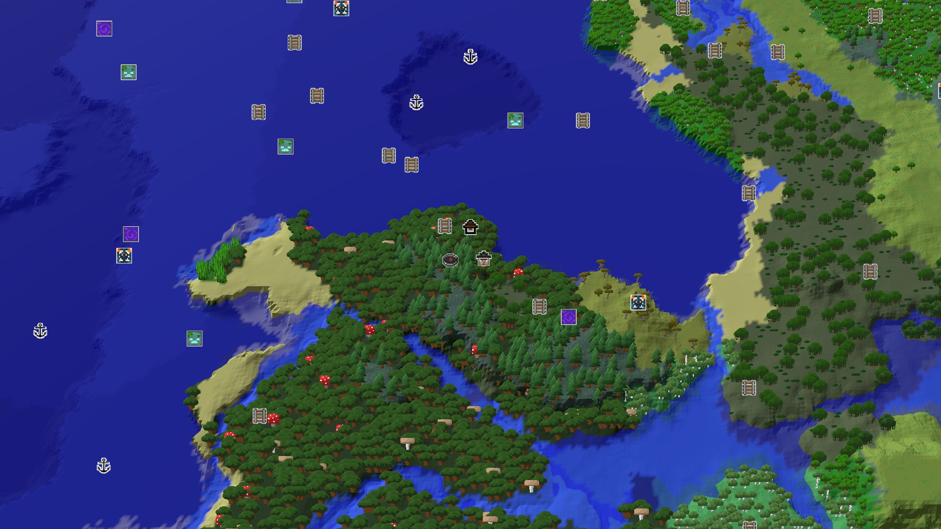 Aerial Minecraft seed map — Windswept Forest Spawn with Close-by Mansion and Swamp Hut