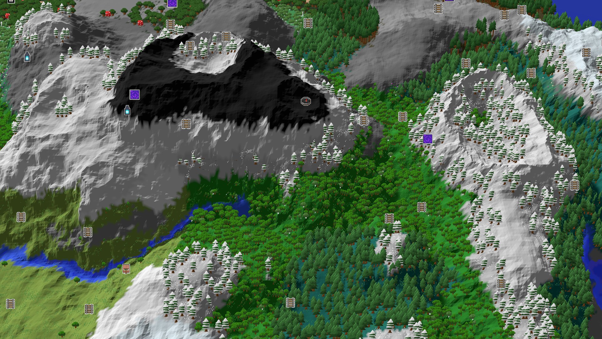 An aerial view of a mountainous, forested landscape with snow-capped peaks and dark, jagged mountain faces. A small blue river winds through green valleys.