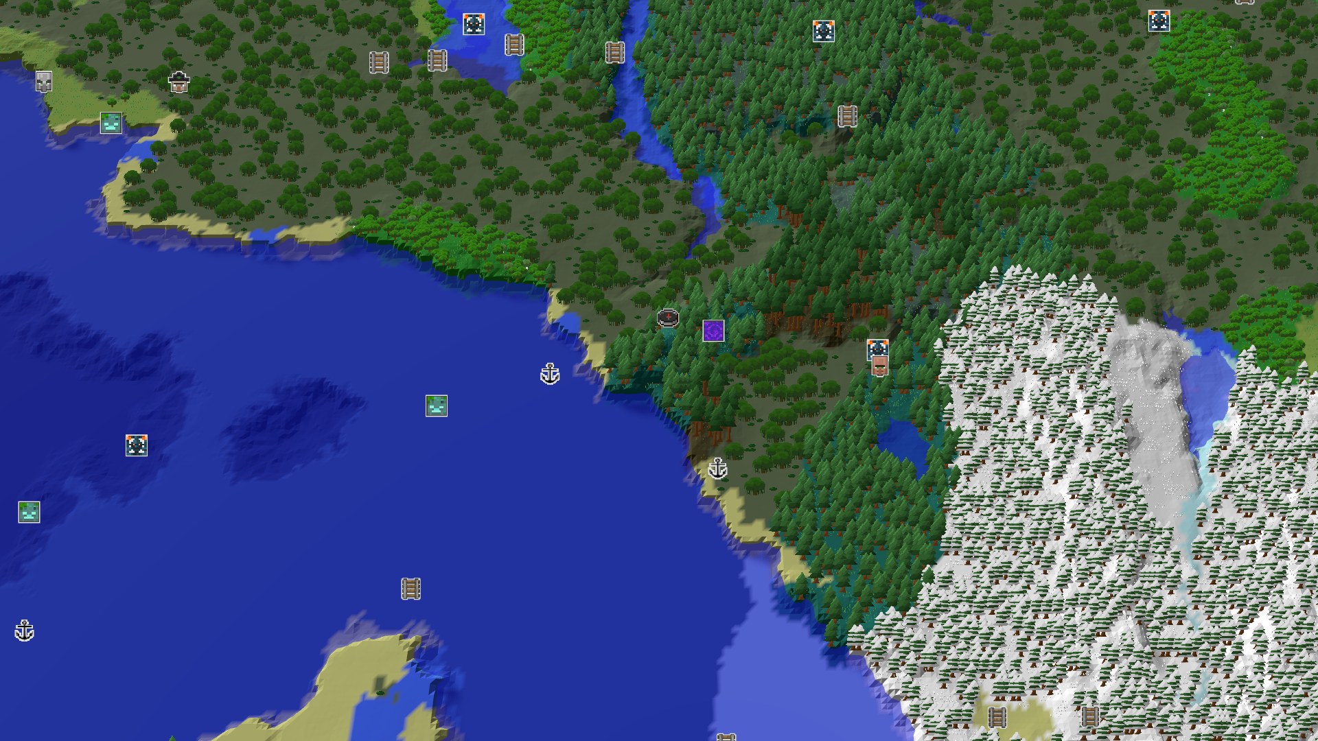 Aerial Minecraft seed map — A Taiga Spawn with Quick Geode Access