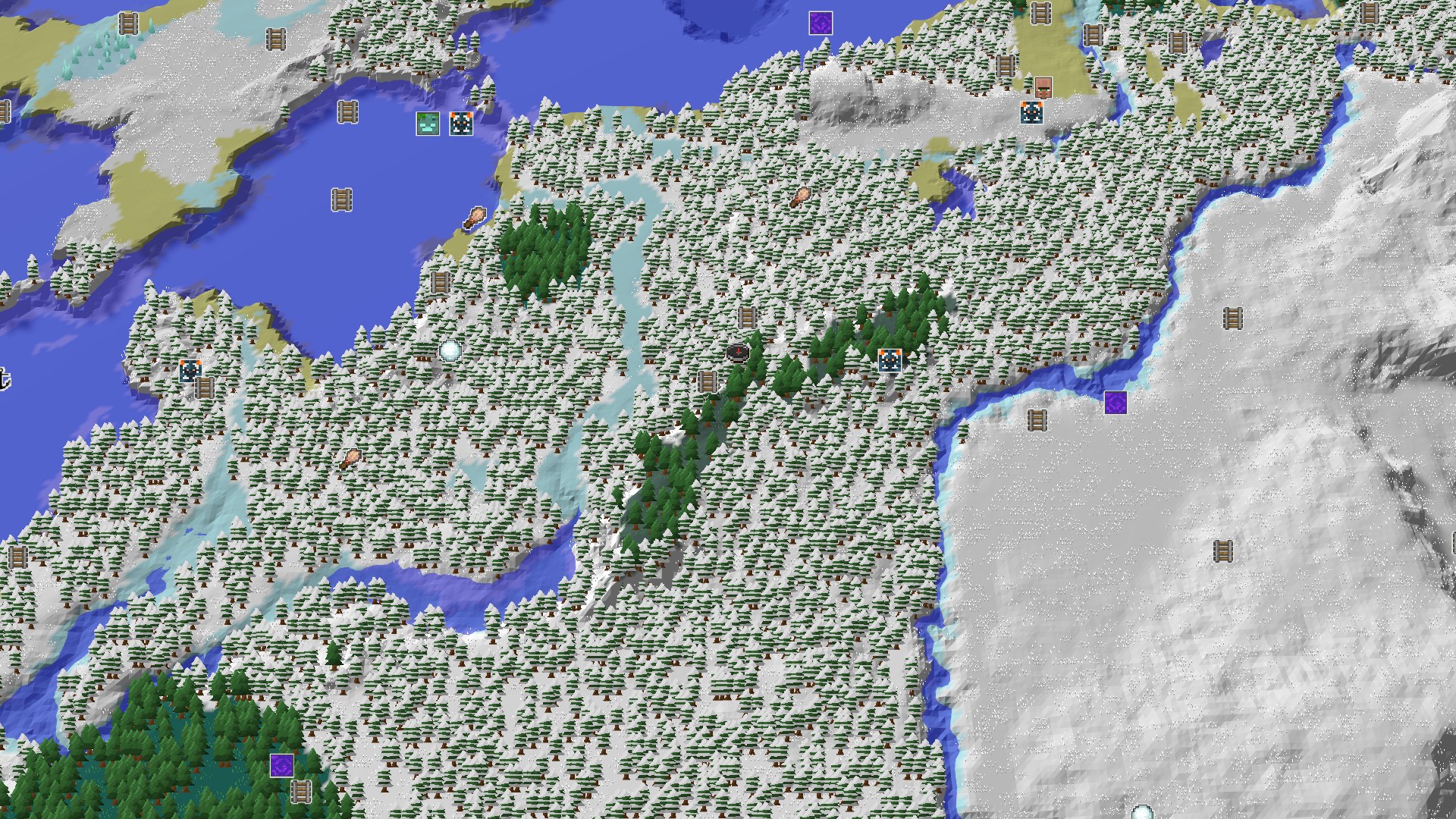 A snowy, tree-covered landscape with a frozen river winding through it, and a small marker at the center indicating the spawn point.