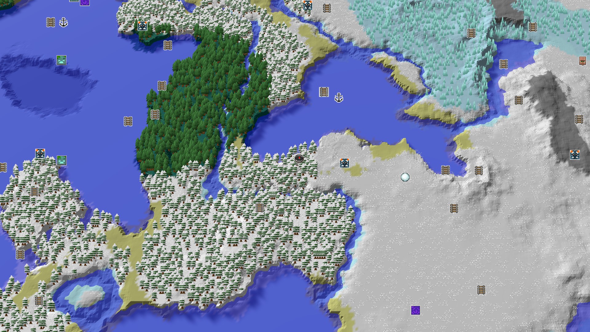 An aerial view of a snowy taiga landscape with frozen oceans, scattered trees, and hints of snowy plains. A small spawn marker is visible in the center.