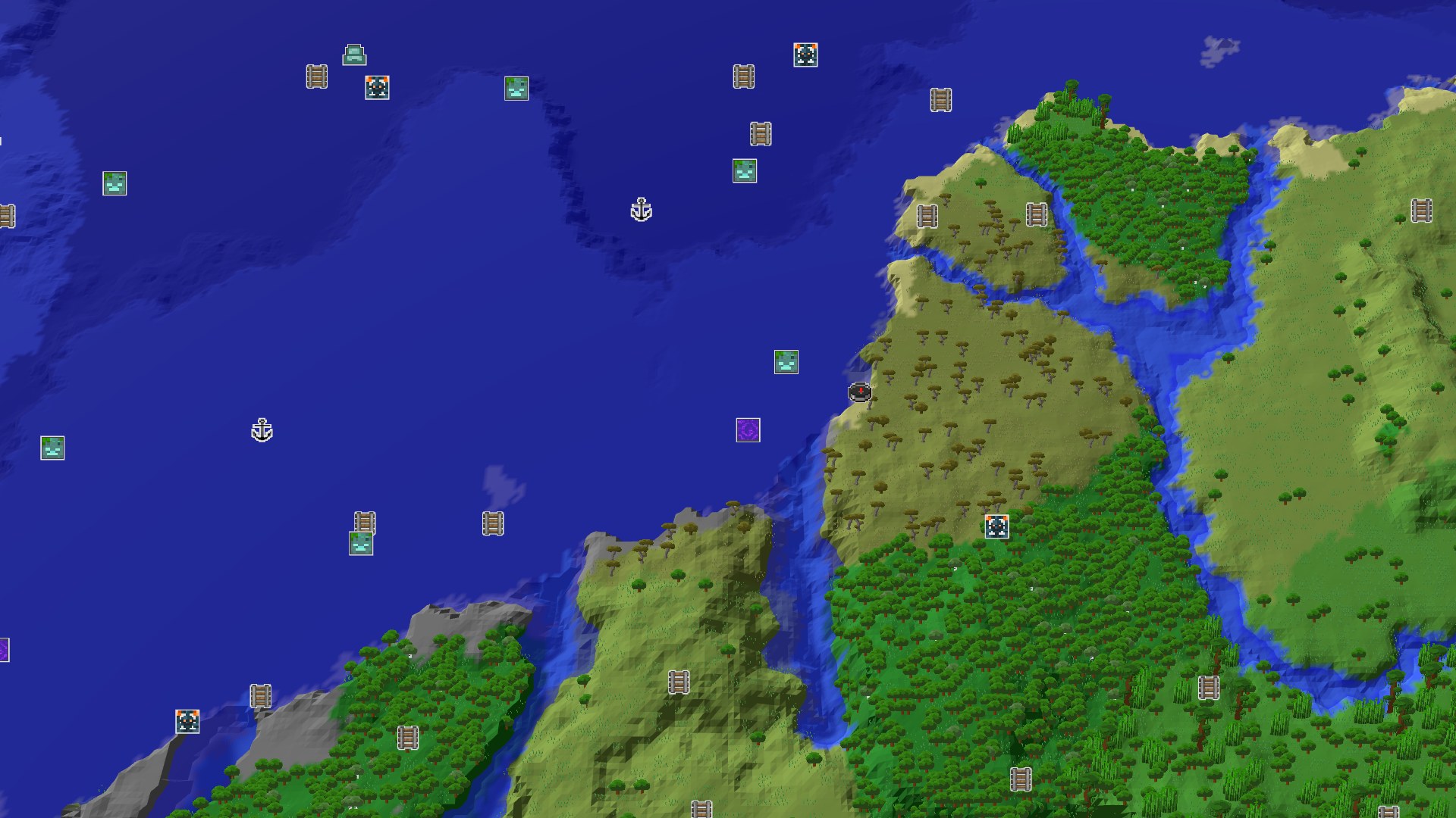 Aerial Minecraft seed map — Ocean-Side Start with Nearby Amethyst Geode