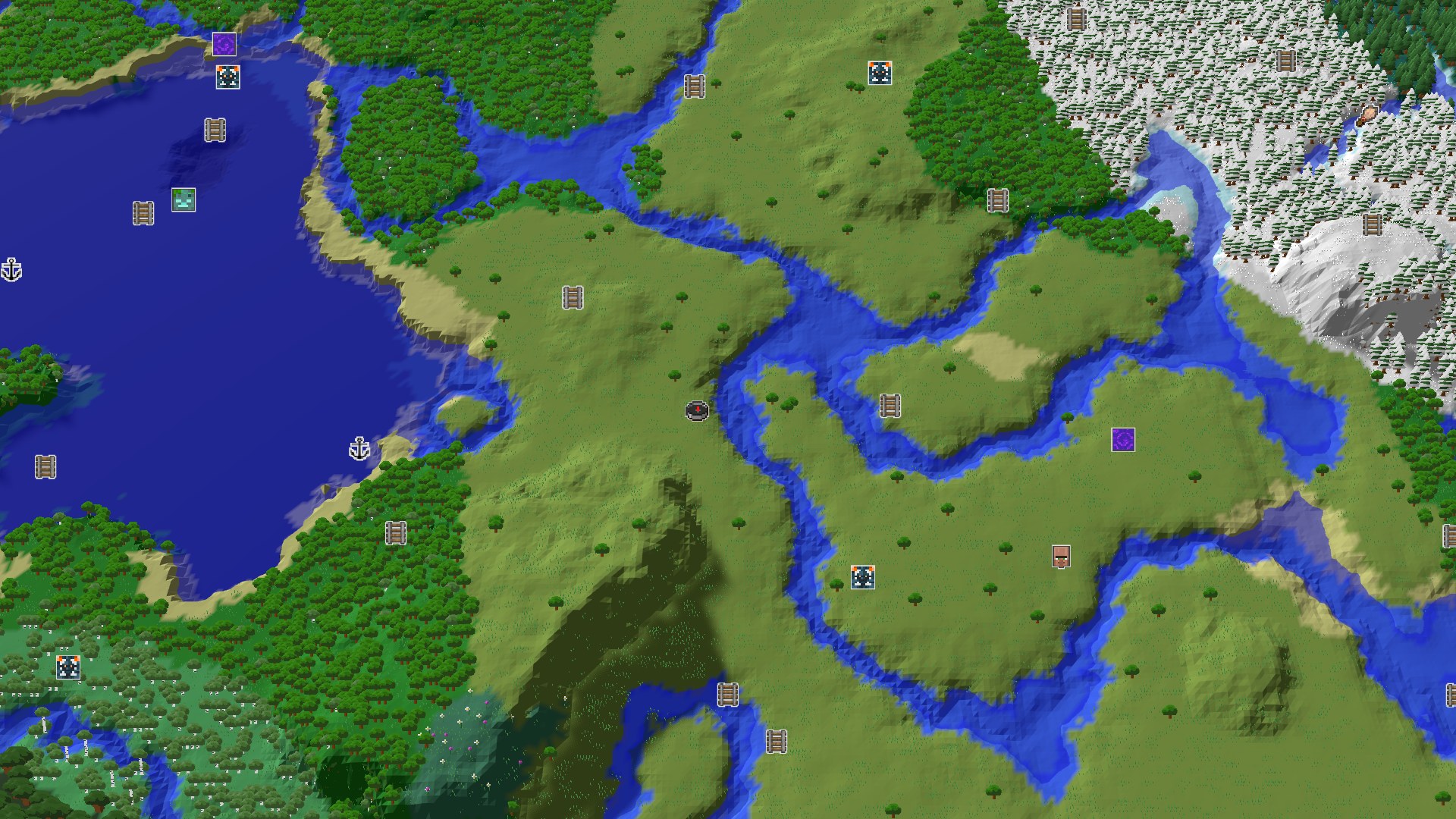 A 3D overhead view of a primarily green landscape with winding blue rivers and a large blue ocean to the west. Sparse trees dot the plains, and a snowy, mountainous biome is visible to the northeast.