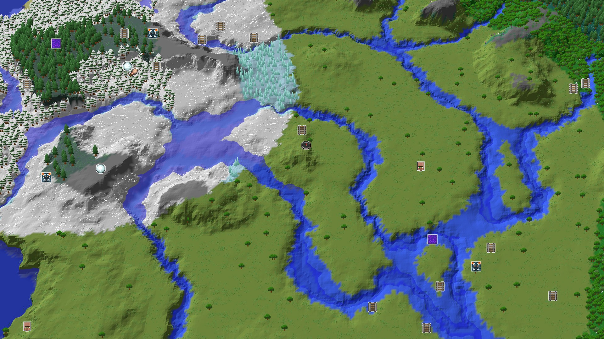Aerial Minecraft seed map — Ice Spikes and Nearby Mineshaft Starter