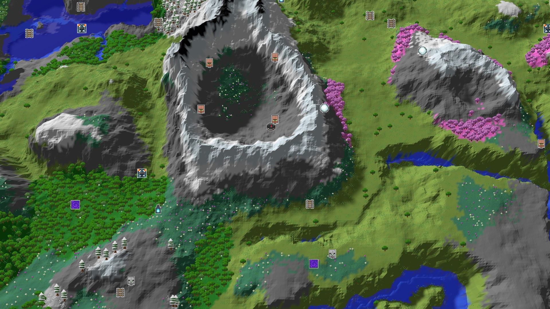 A 3D overhead view of a diverse landscape featuring green meadows, dark forests, snow-capped mountains, a river, and a small patch of pink cherry trees.