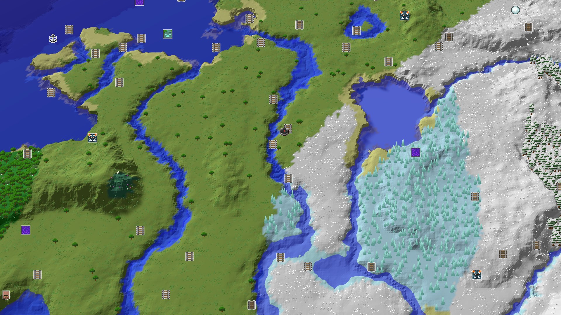 Aerial Minecraft seed map — Spawn in Plains, Walk to Ice Spikes and Mineshaft